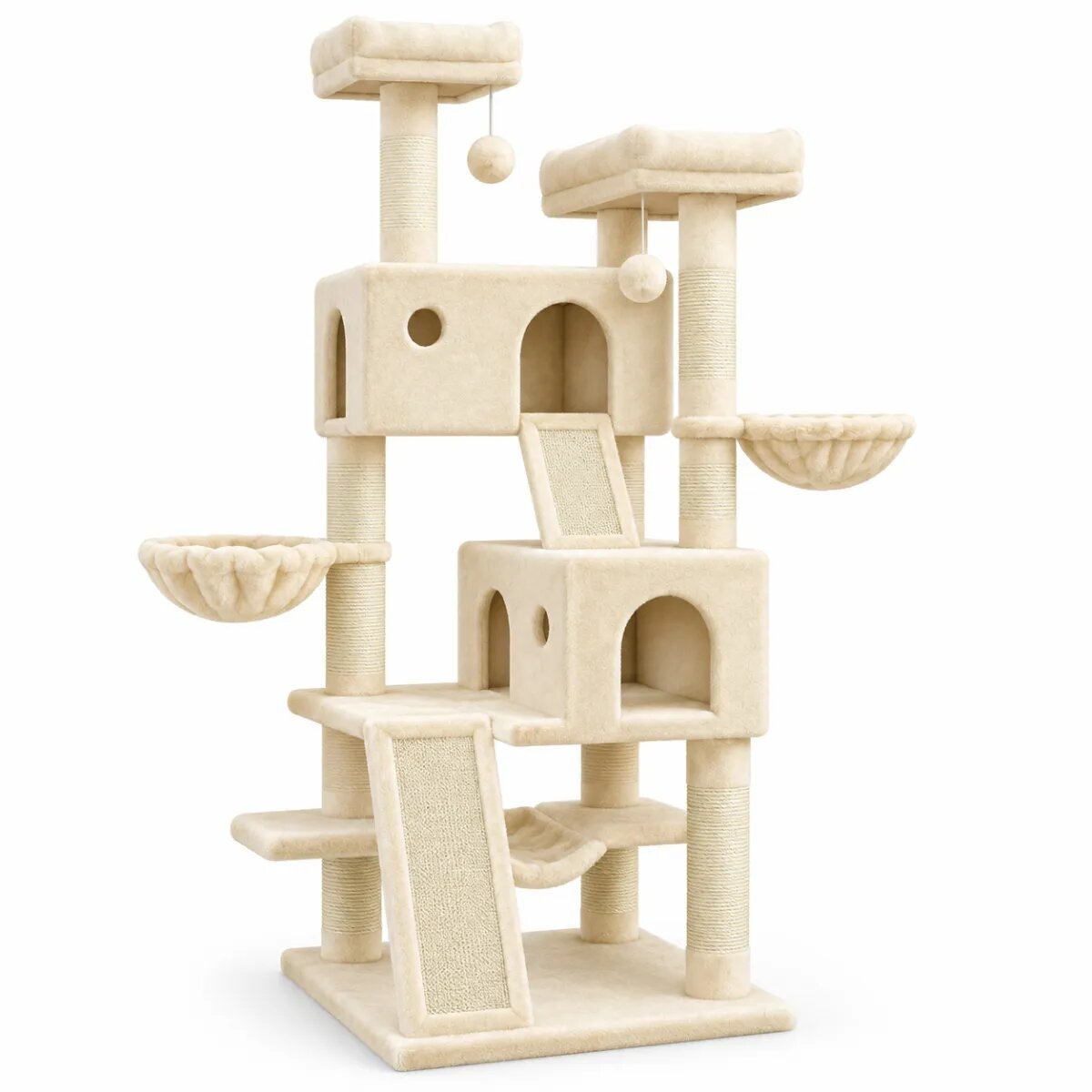 AMYDO Home Vienna ansamblu de joacă pisici 5 etaje 2 căsuțe MDF și sisal elemente atârnate elemente hamac bej 60x60x166cm