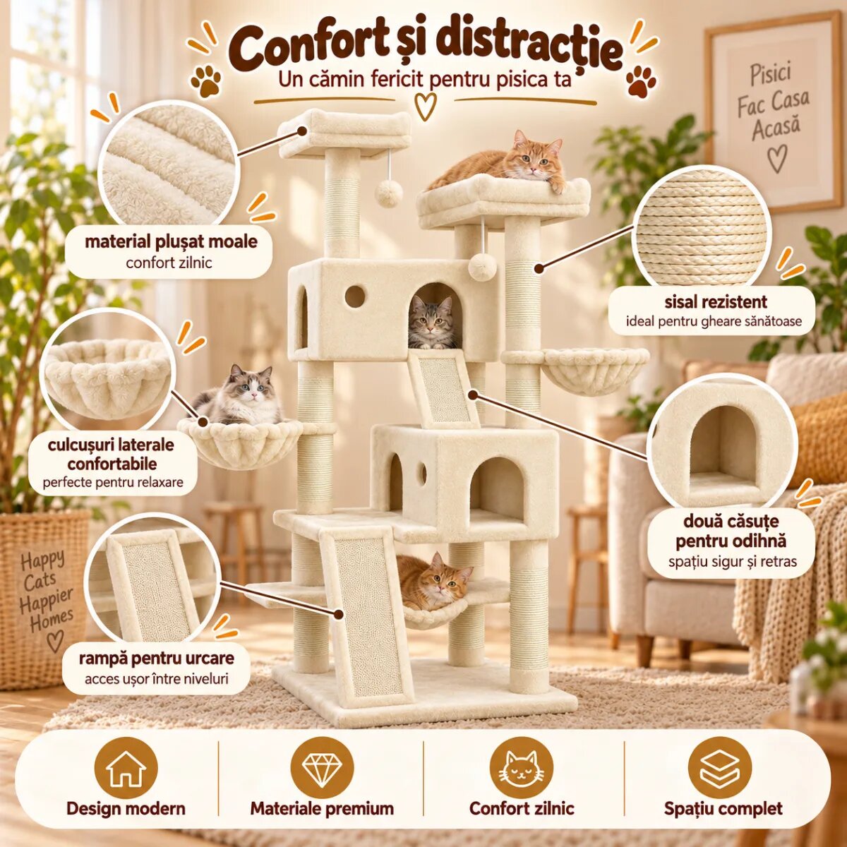 AMYDO Home Vienna ansamblu de joacă pisici 5 etaje 2 căsuțe MDF și sisal elemente atârnate elemente hamac bej 60x60x166cm