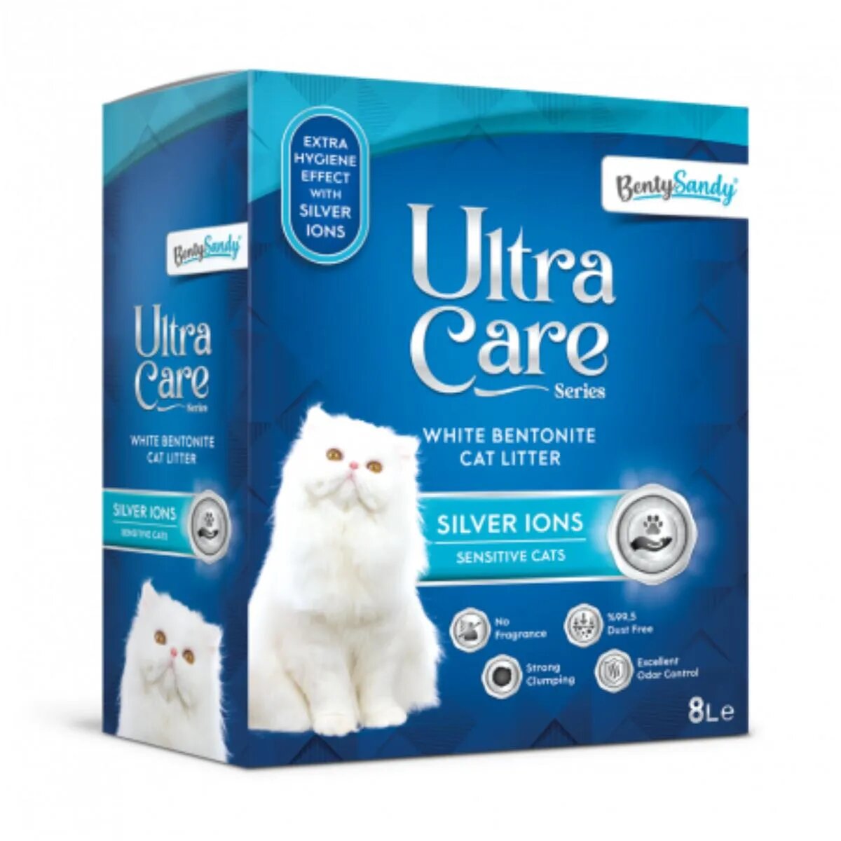 BENTY SANDY Ultra Care Sensitive Silver Ions neparfumat așternut igienic pisici granule bentonită aglomerant neutralizare mirosuri 8l