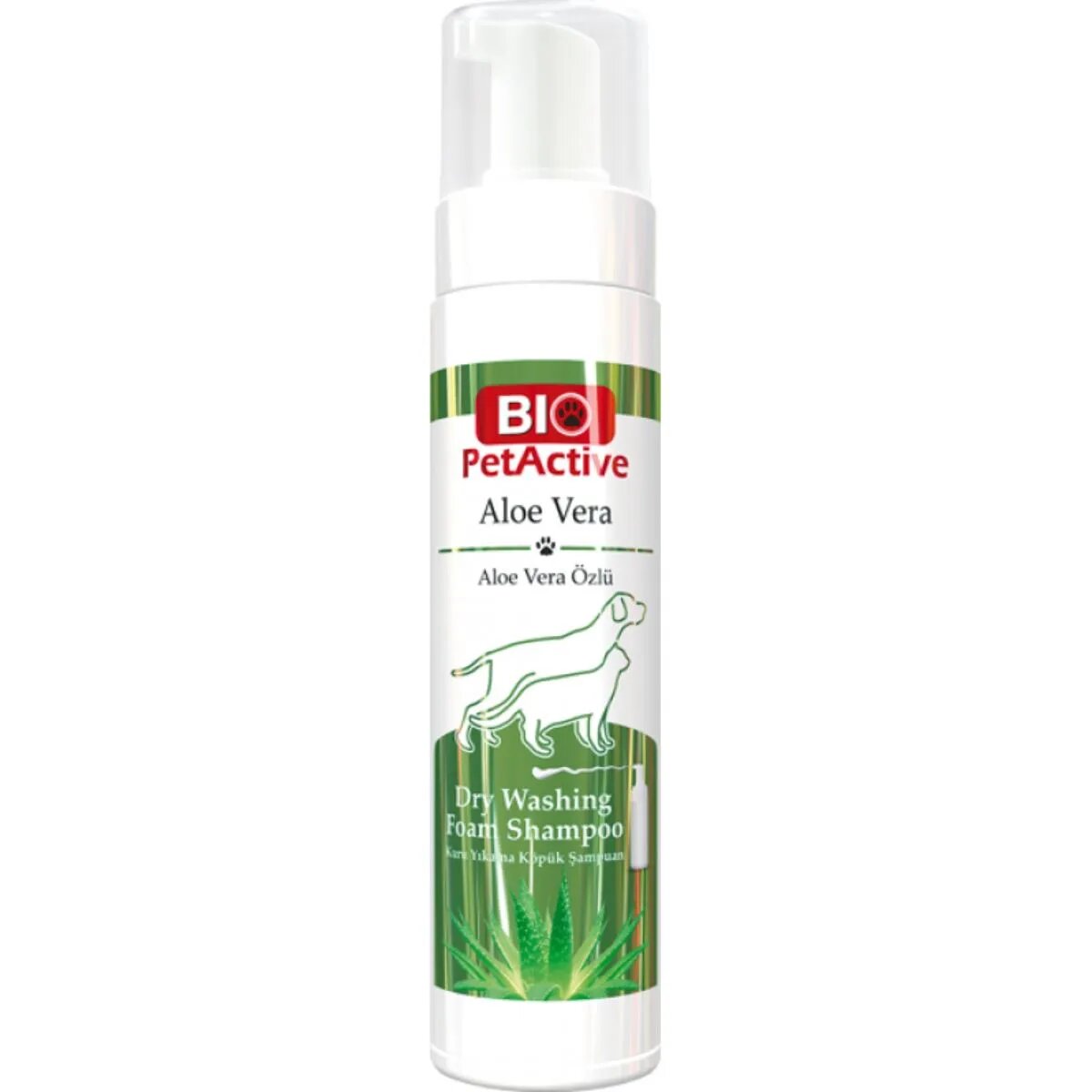 Bio Petactive Dry Washing spumă șampon câini fără clătire Aloe Vera flacon cu aplicator piele & blană 200ml