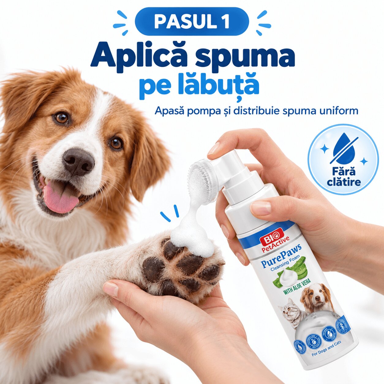 Bio Petactive Pure Paws Cleansing Foam XS-XL îngrijire pentru lăbuțe spumă câini Aloe Vera flacon cu aplicator 150ml