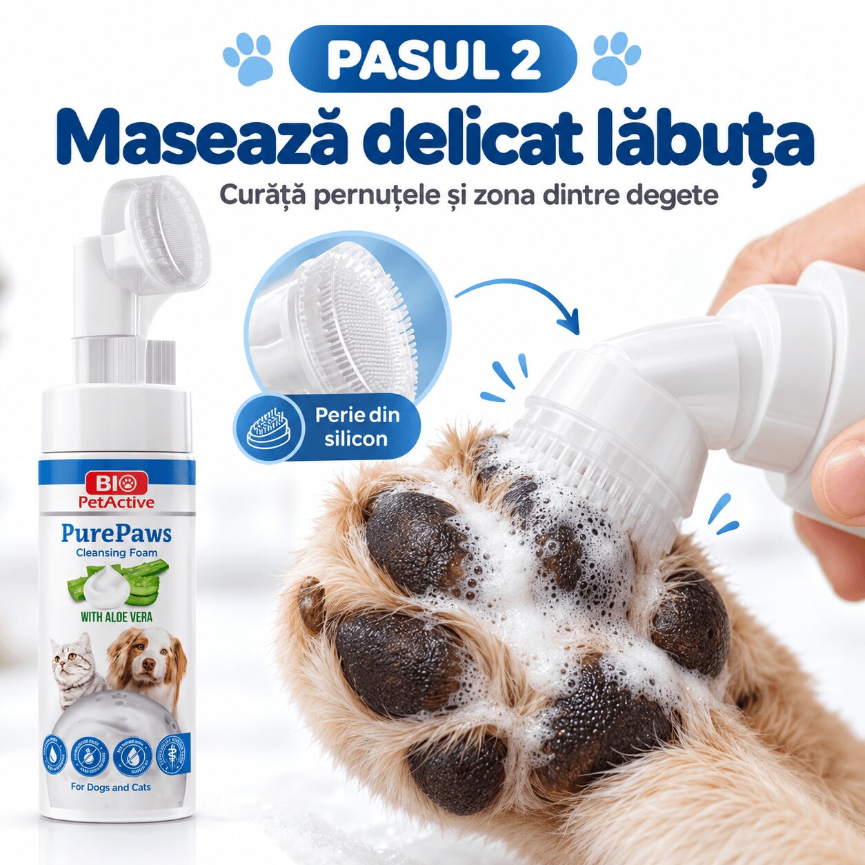 Bio Petactive Pure Paws Cleansing Foam XS-XL îngrijire pentru lăbuțe spumă câini Aloe Vera flacon cu aplicator 150ml