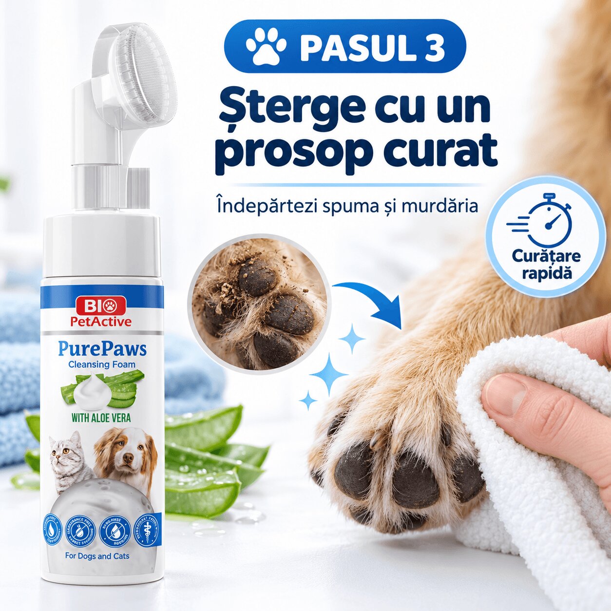 Bio Petactive Pure Paws Cleansing Foam XS-XL îngrijire pentru lăbuțe spumă câini Aloe Vera flacon cu aplicator 150ml