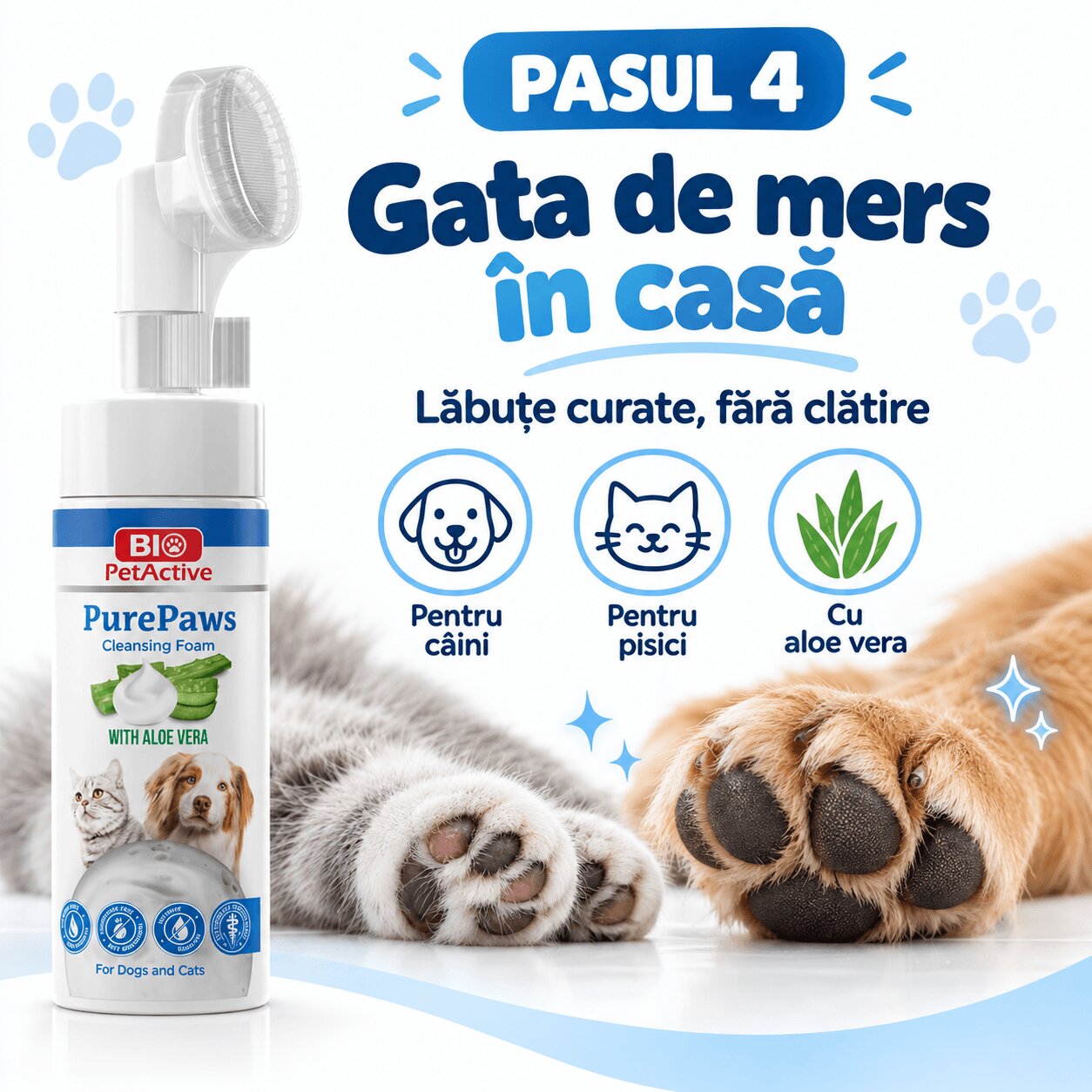 Bio Petactive Pure Paws Cleansing Foam XS-XL îngrijire pentru lăbuțe spumă câini Aloe Vera flacon cu aplicator 150ml