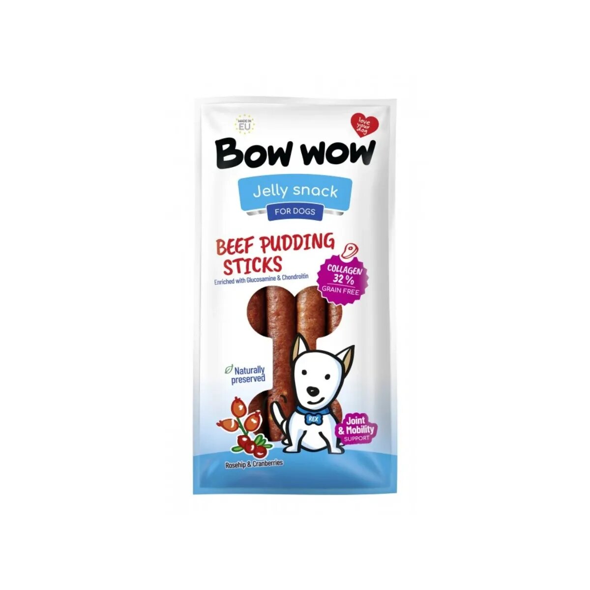 Bow Wow Jelly Snacks Pudding Sticks Colagen Macese XS-XL Vită și Merișoare punguță recompense câini 165g