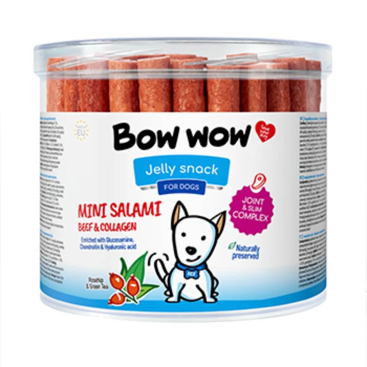 Bow Wow Mini Salami Colagen XS-XL Vită găletușa recompense câini sistem articular obezitate 1.2kg