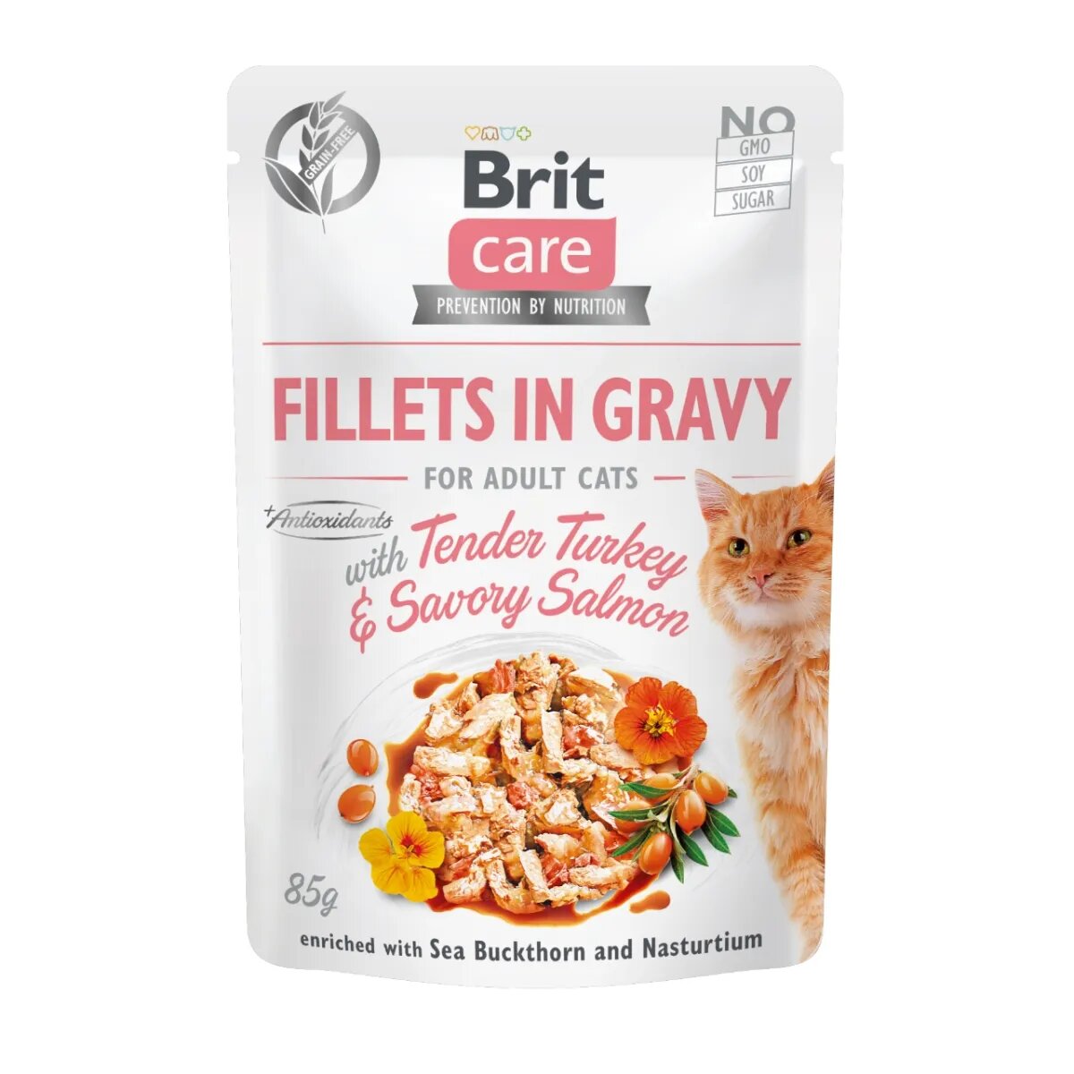 Brit Care Fillets In Gravy Curcan și Somon plic hrană umedă fără cereale pisici (în sos) 85g
