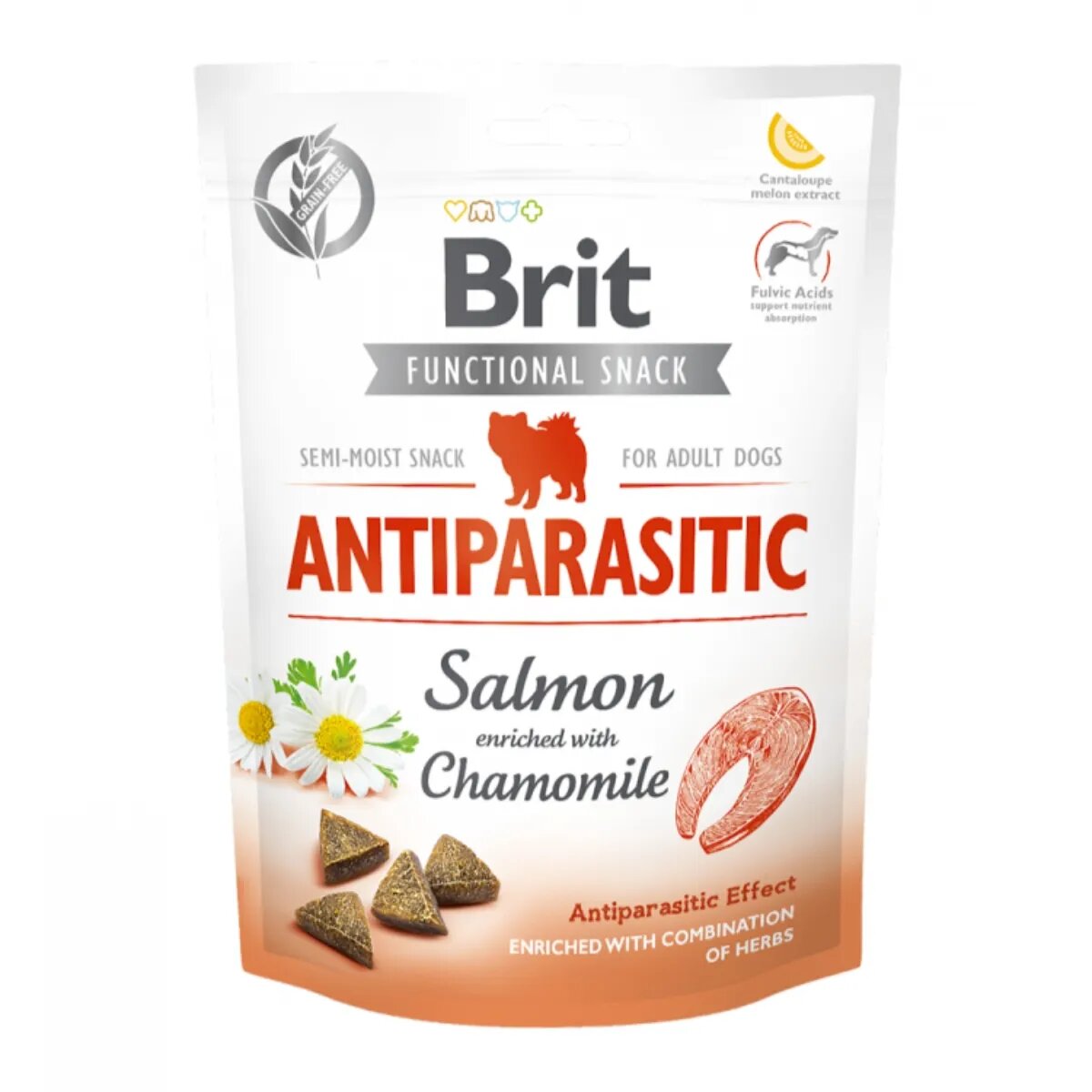Brit Care Functional Snack Antiparasitic Somon cu Mușețel recompense funționale fără cereale câini antiparazitar 150g