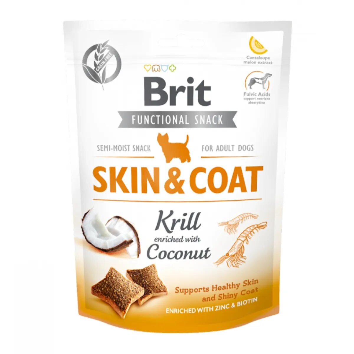 Brit Care Functional Snack Skin & Coat Krill cu Nucă de cocos recompense funționale fără cereale câini piele și blană 150g