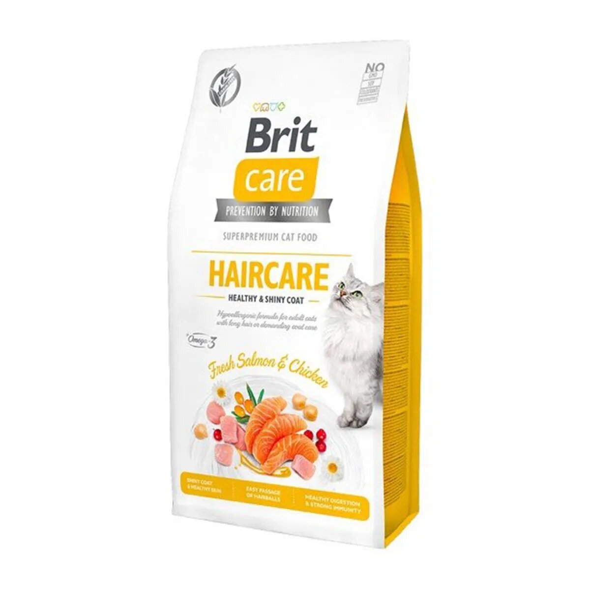 Brit Care Haircare Healthy & Shiny Coat Somon și Pui hrană uscată fără cereale pisici piele și blană 2kg