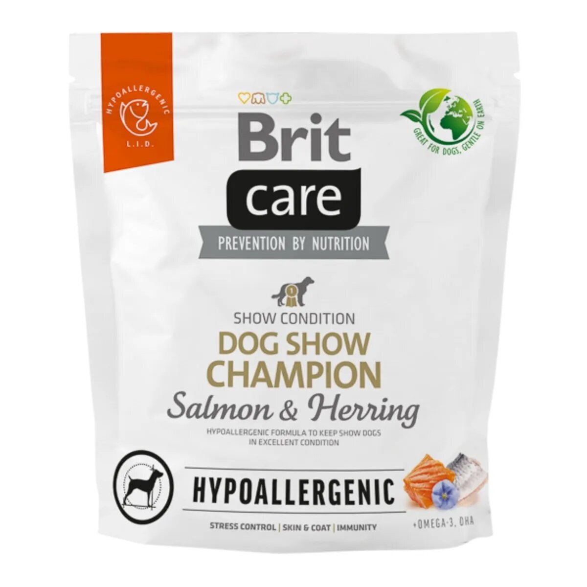 Brit Care Hypoallergenic Dog Show Champion XS-XL Somon și Hering hrană uscată monoproteică câini sistem imunitar & alergii 1kg