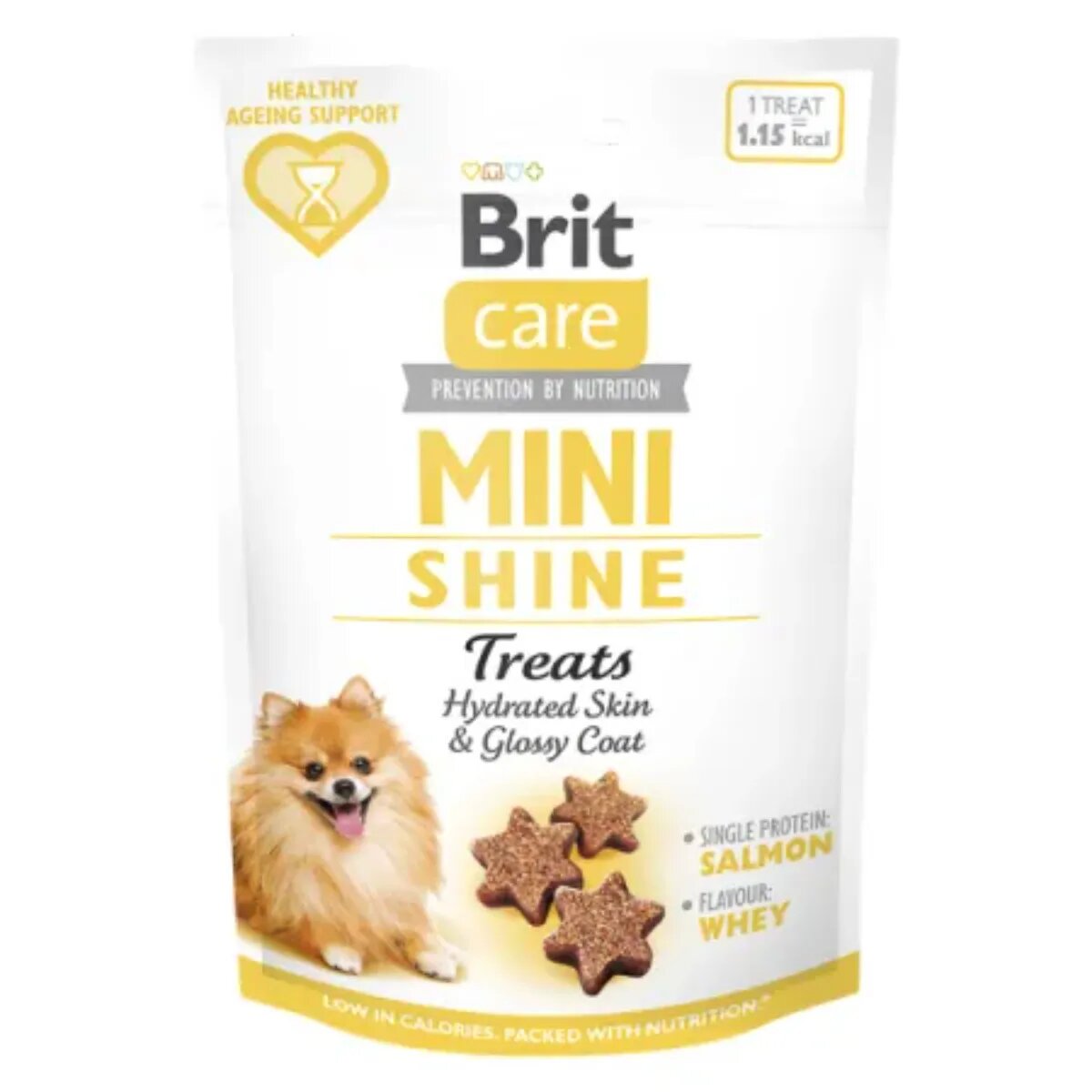 Brit Care Mini Shine XS-S Somon punguță recompense funcționale fără cereale câini piele & blană 50g