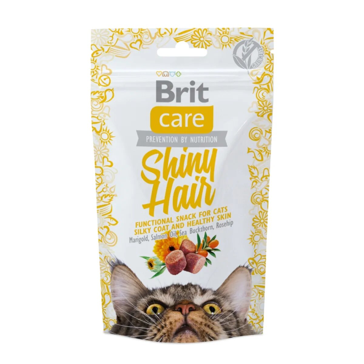 Brit Care Snack Shiny Hair Somon cu Gălbenele recompense funcționale fără cereale pisici piele și blană 50g