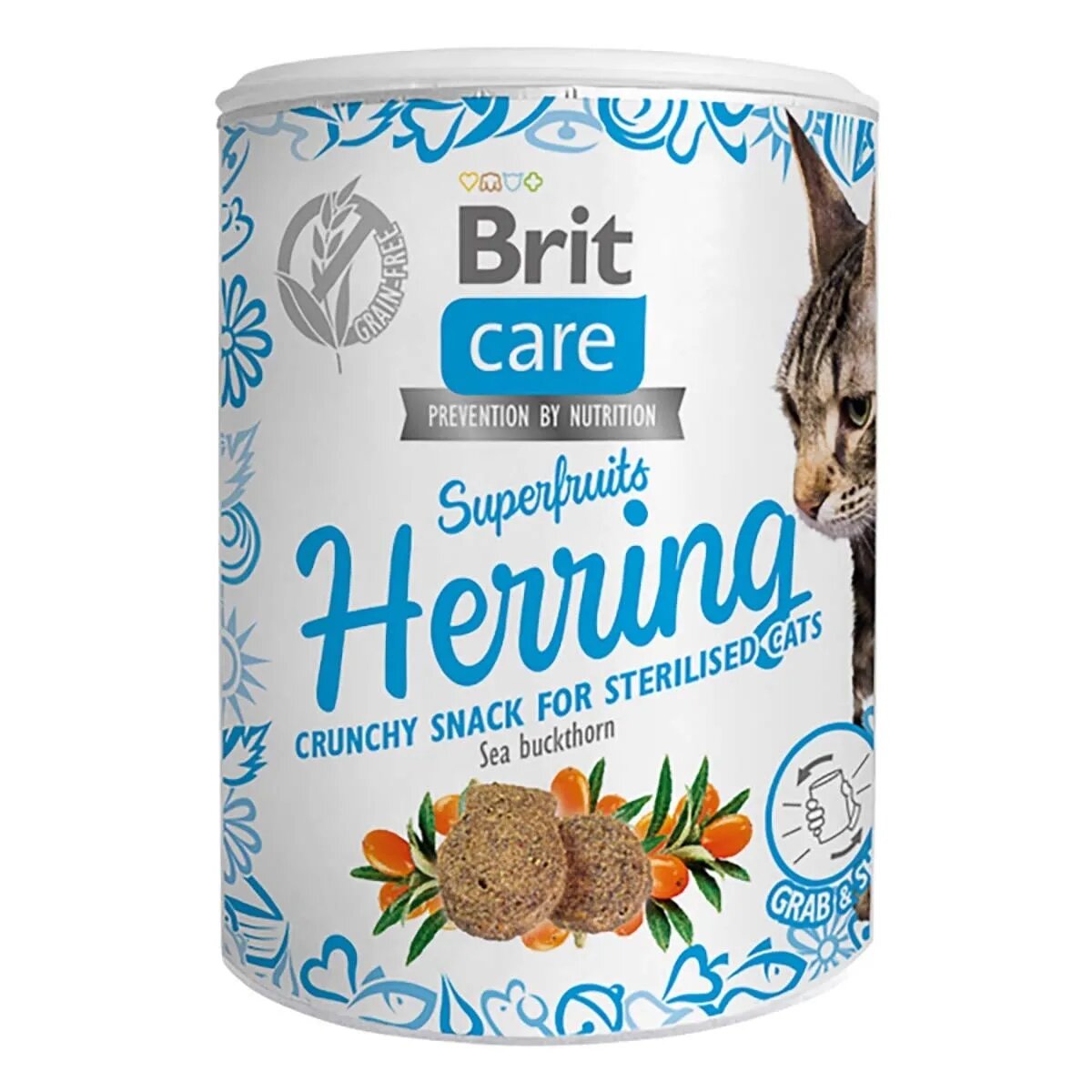 Brit Care Snack Superfruits Herring și Catina recompense fără cereale pisici sterilizate 100g