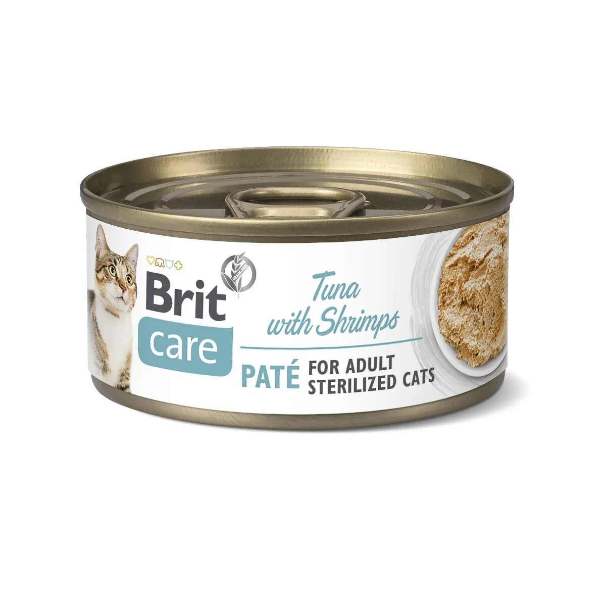 Brit Care Sterilized Pate Ton și Creveți conservă hrană umedă conținut redus cereale pisici sterilizate (pate) 70g
