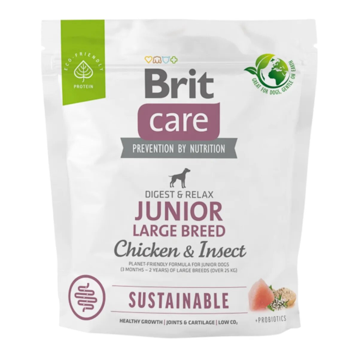 Brit Care Sustainable Digest & Relax L-XL Pui și Insecte hrană uscată câini junior sistem digestiv Care Sustainable Junior Large Breed L-XL Pui și Insecte hrană uscată câini junior sistem digestiv 1kg