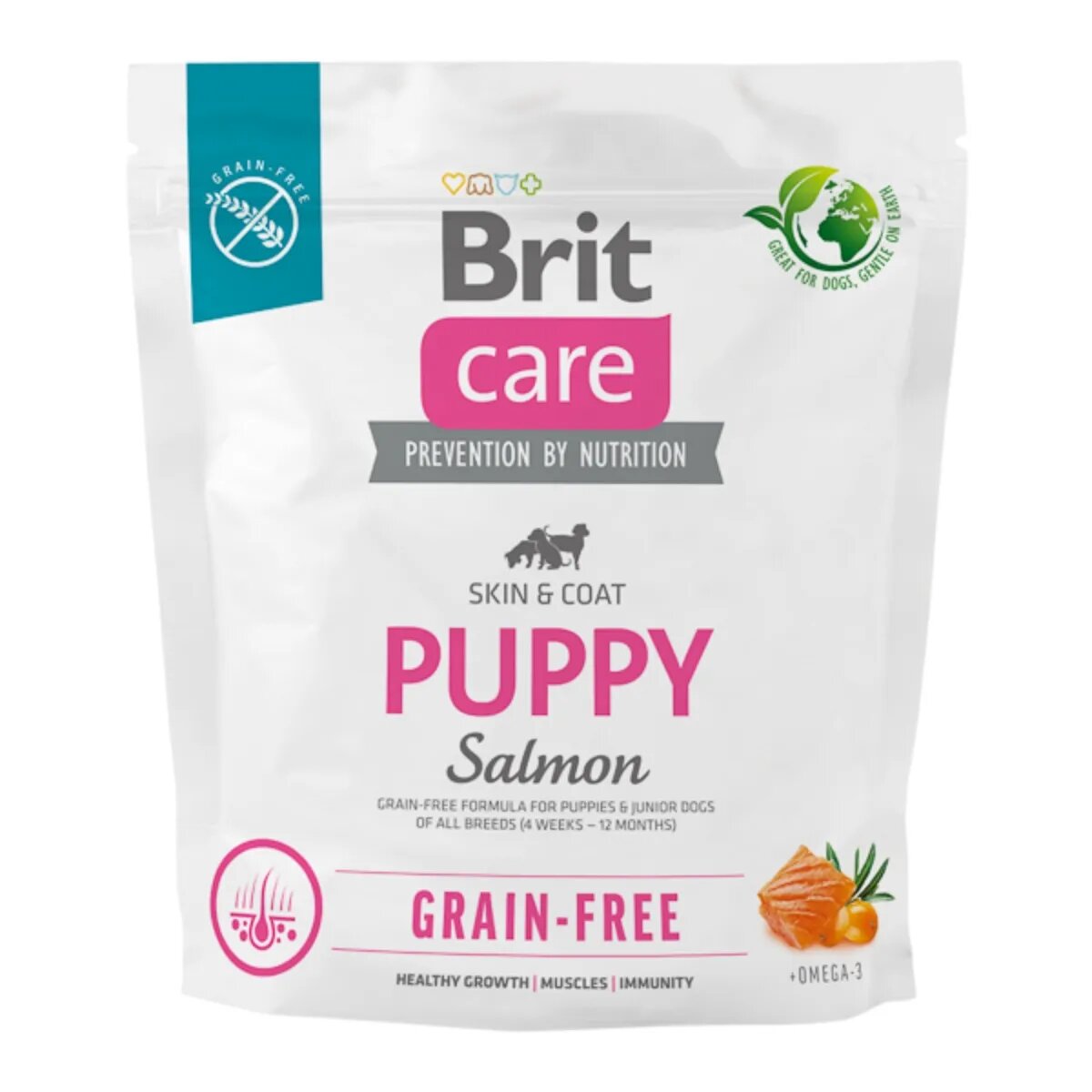 Brit Care XS-XL Somon hrană uscată fără cereale câini junior piele & blană Care Grain-Free Puppy XS-XL Somon hrană uscată fără cereale câini junior piele & blană 1kg