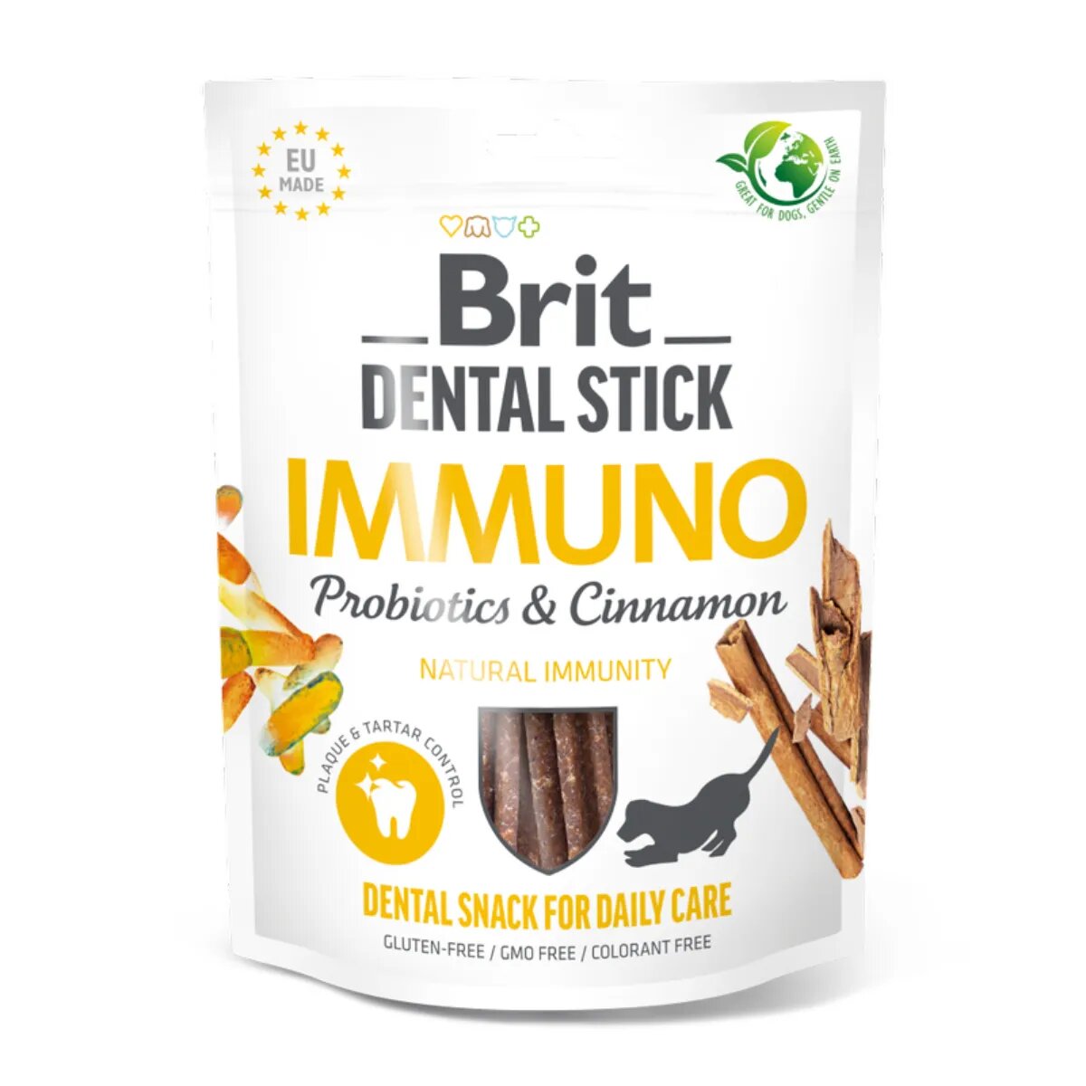 Brit Dental Stick Immuno Scorțișoară&Probiotice XS-XL punguță recompense funcționale câini imunitate 120g
