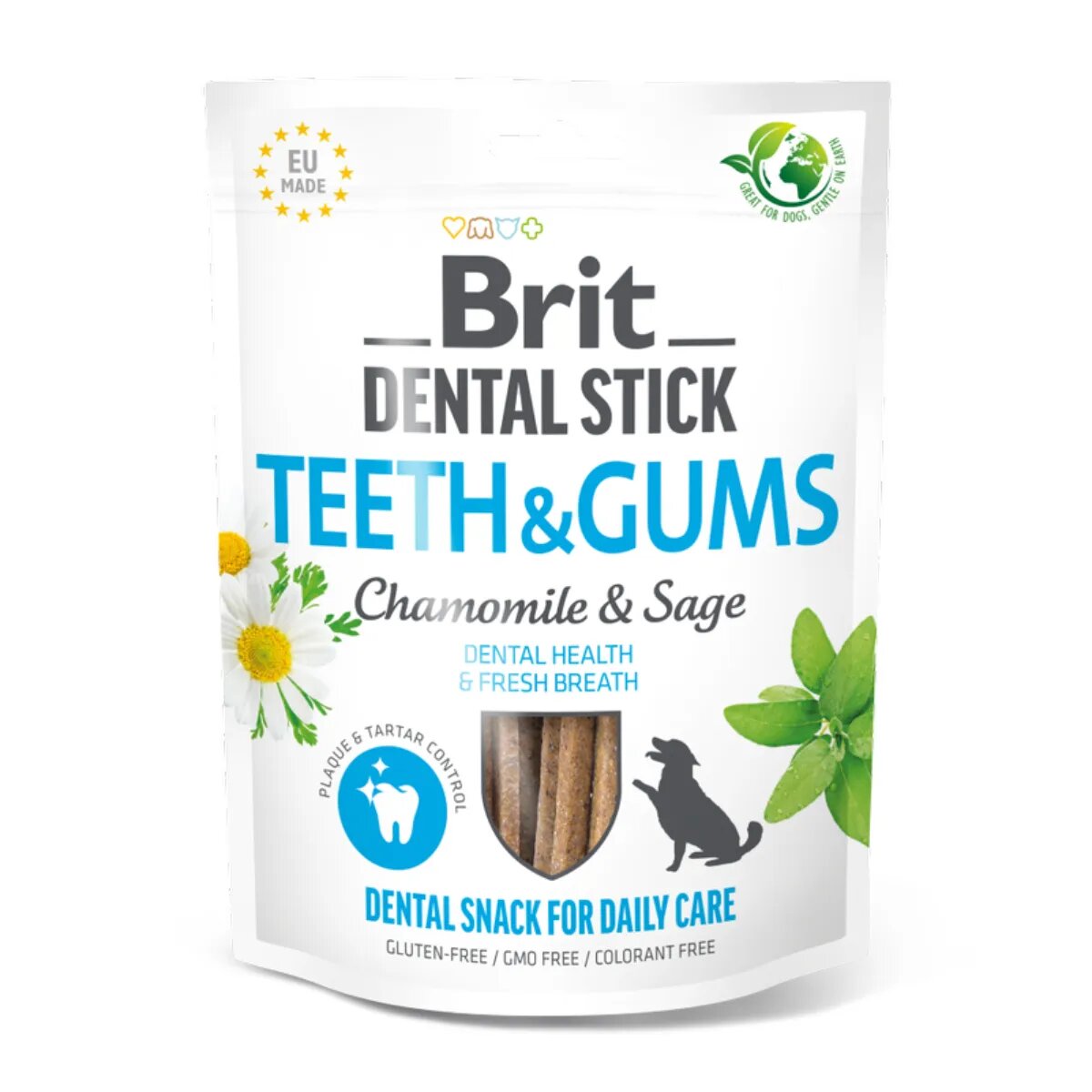 Brit Dental Stick Teeth & Gums Mușetel și Salvie XS-XL punguță recompense funcționale câini sensibilități dentare 120g