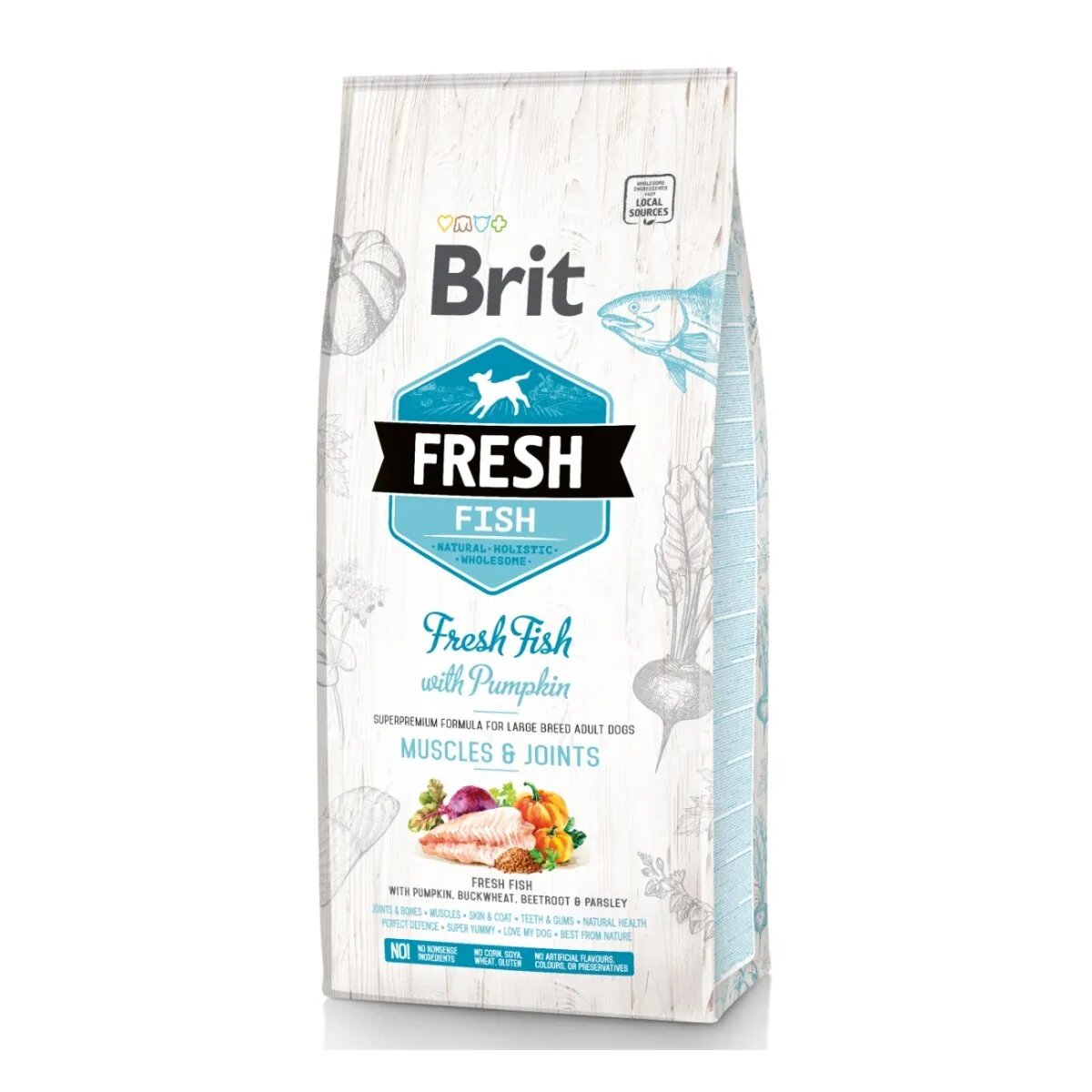 Brit Fresh Muscles & Joints Adult L-XL Pește cu Dovleac hrană uscată conținut redus cereale câini 12kg