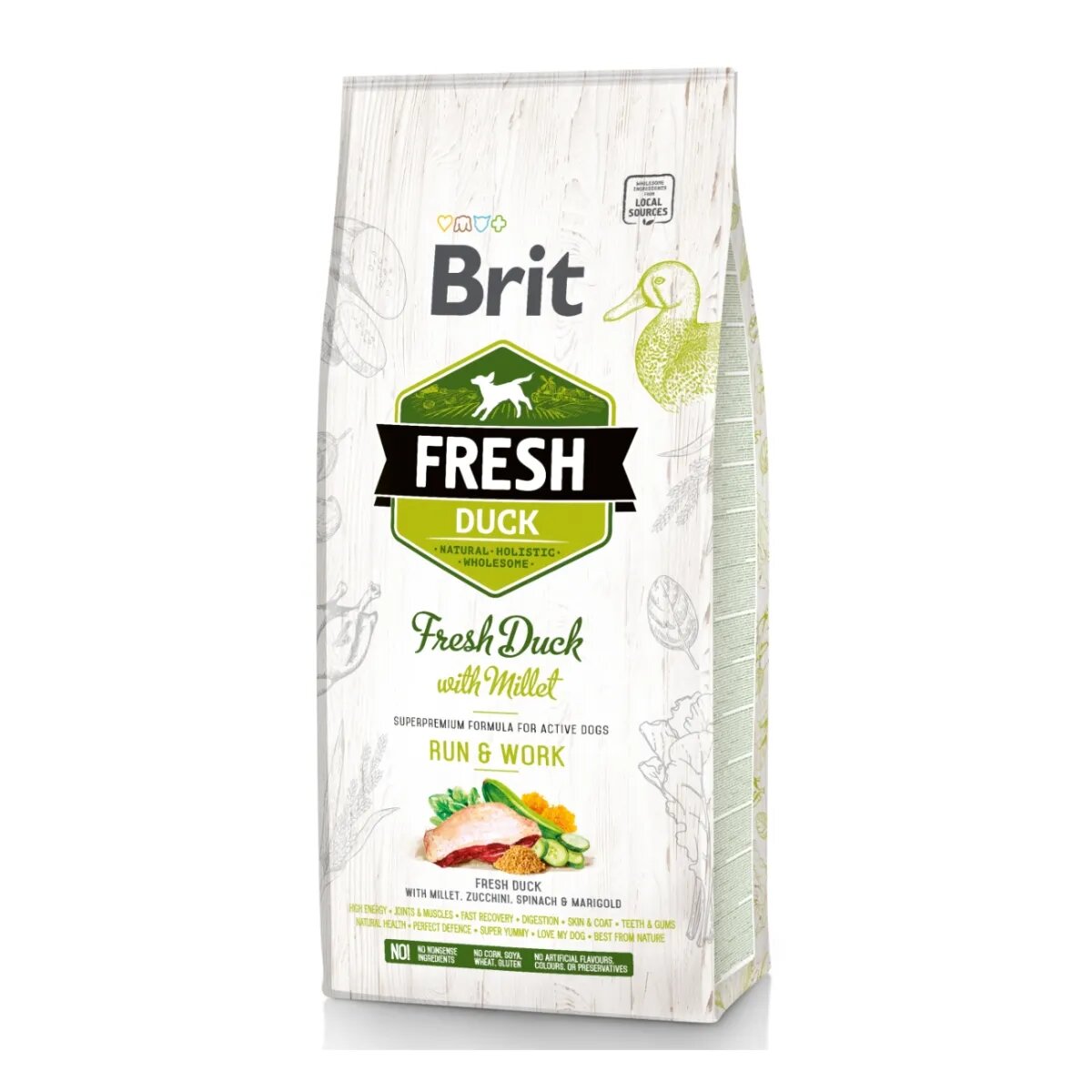 Brit Fresh Run & Work Adult S-XL Rață cu Mei hrană uscată conținut redus cereale câini activitate intensă 12kg