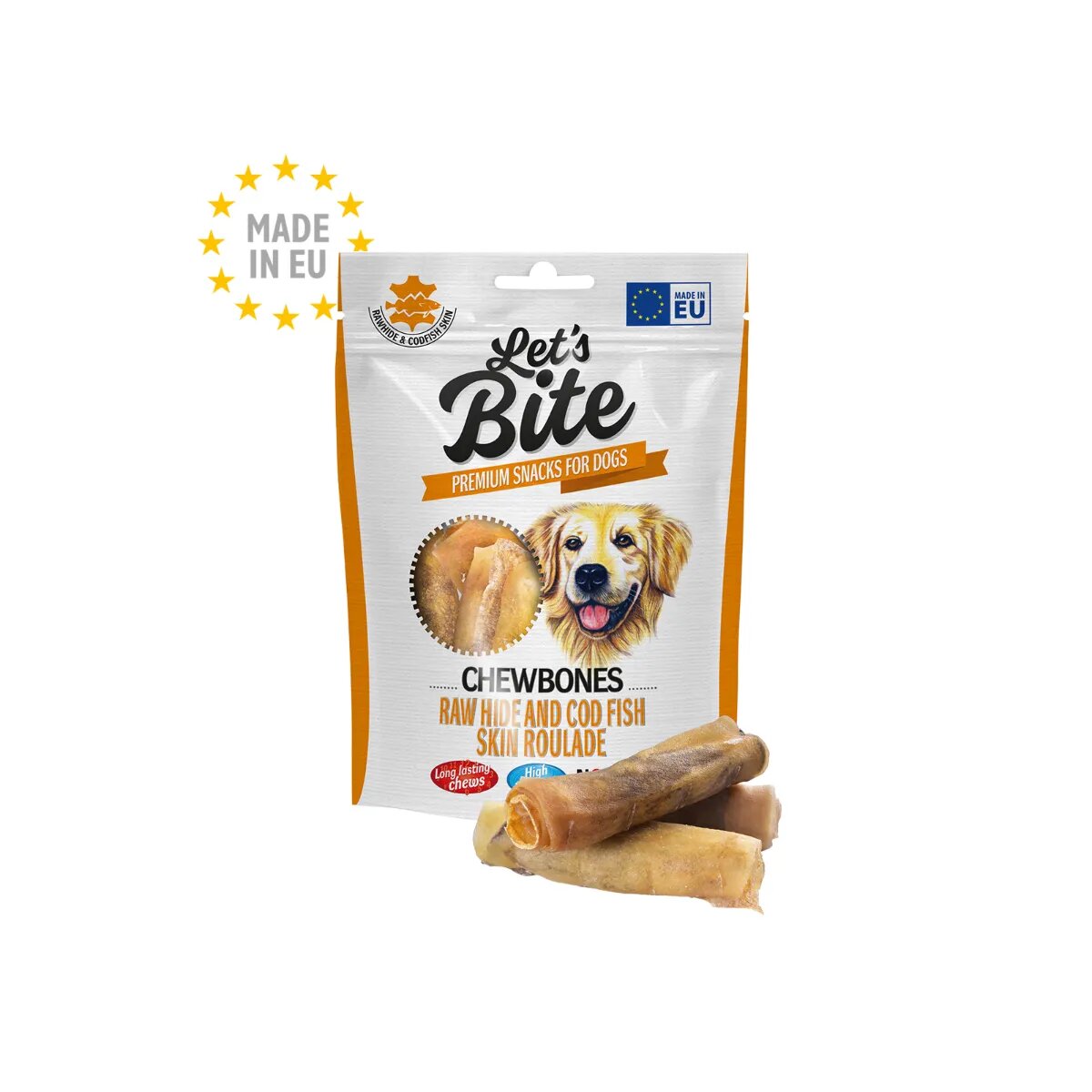 Brit Let's Bite Chewbones Raw hide and Cod Fish Skin Roulade XS-XL Cod punguță recompense fără cereale câini 135g