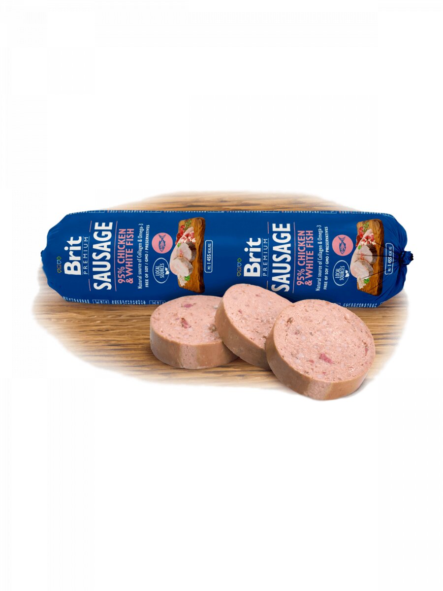 Brit Premium Pui și Pește Alb salam hrană umedă conținut redus cereale câini 800g
