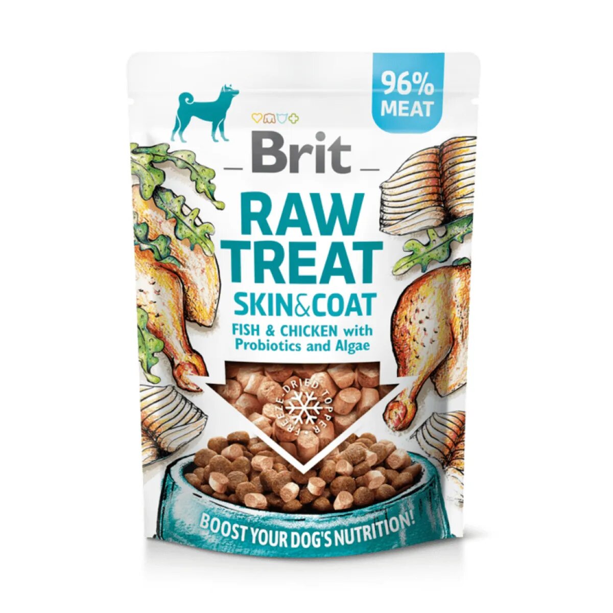 Brit Raw Treat Skin & Coat XS-XL Pește și Pui punguță recompense funcționale câini piele & blană 40g