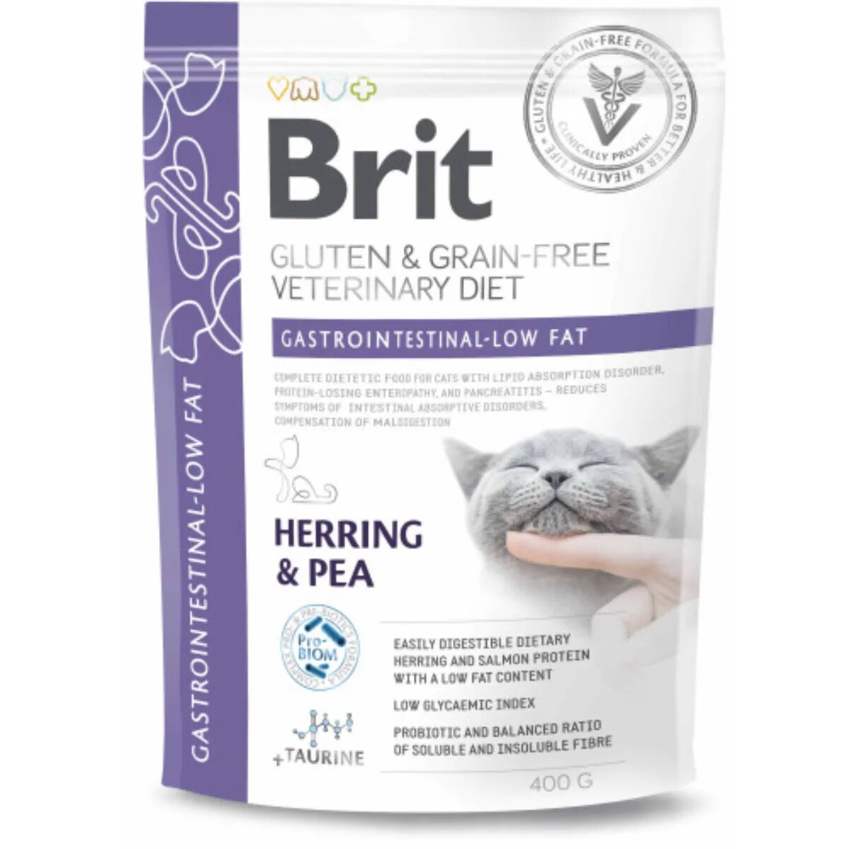 Brit Veterinary Diets BRIT VD Gastrointestinal Low Fat Hering dietă veterinară hrană uscată fără cereale pisici sistem digestiv 400g
