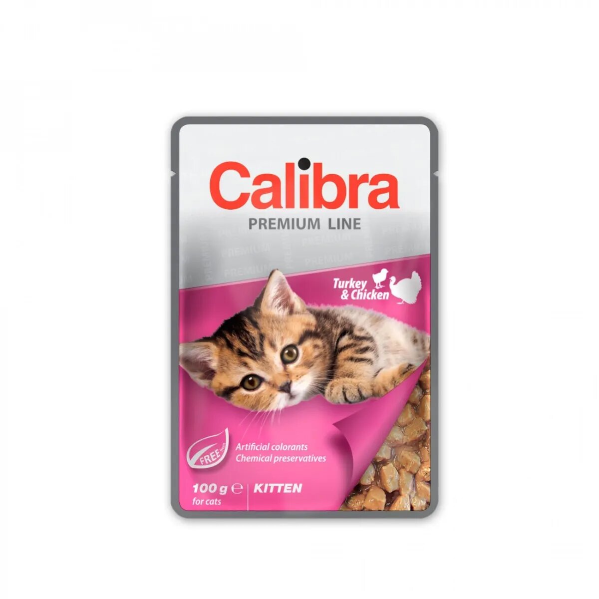 Calibra Premium Line Kitten Curcan și Pui plic hrană umedă pisici junior (în suc propriu) bax 100g x 24buc