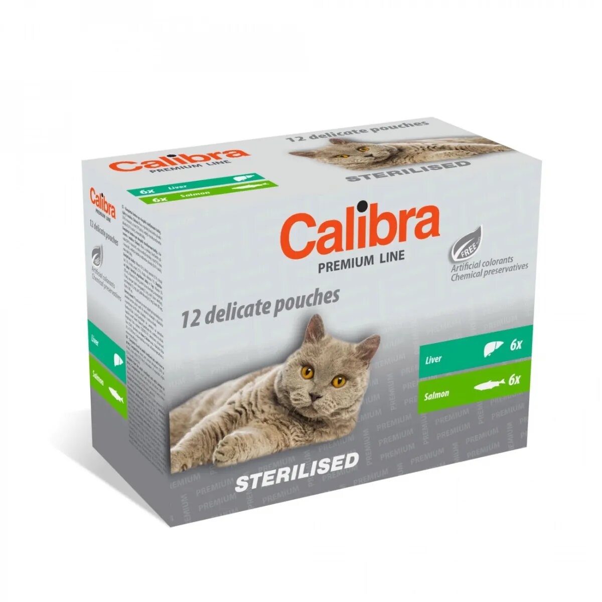 Calibra Premium Line Sterilised Ficat și Somon plic hrană umedă pisici sterilizate (în sos) multipack 100g x 12buc