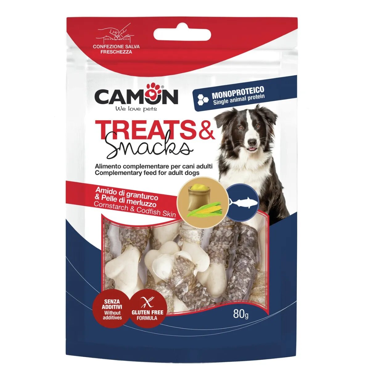 Camon Codfish Skin & Cornstarch Bones XS-XL Cod punguță recompense câini 80g