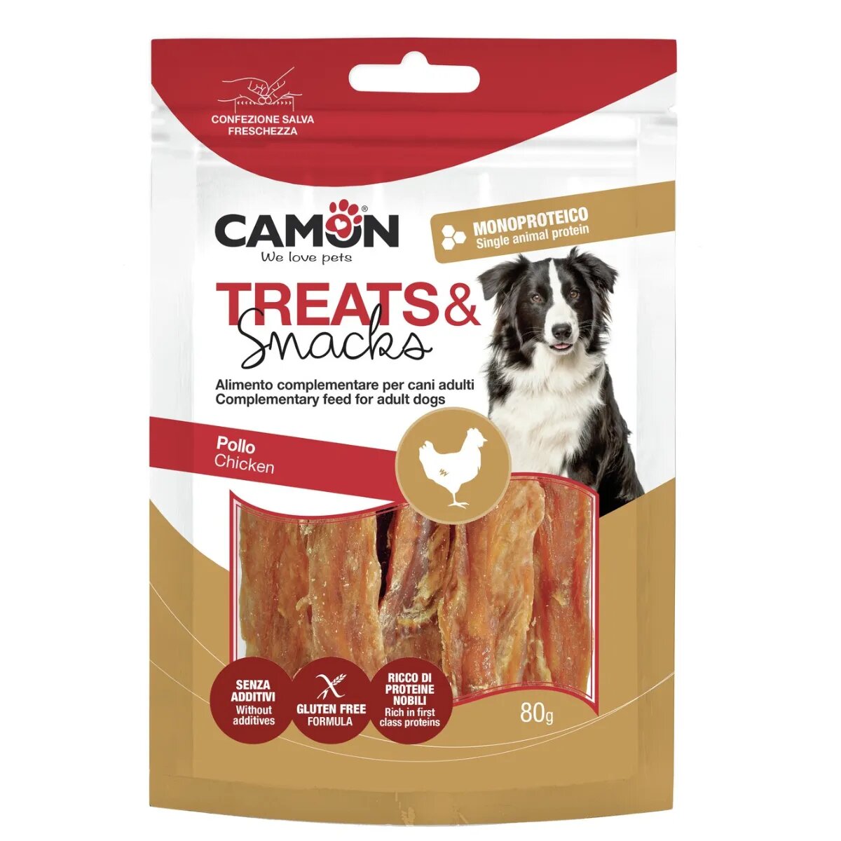 Camon Dried Chicken Strips XS-XL Pui punguță recompense câini 80g