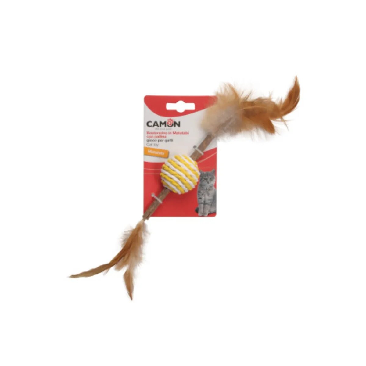 Camon Matabi Minge cu Parghie &Pene jucărie stimulare pândă pisici activități fizice lemn multicolor 14cm 1buc
