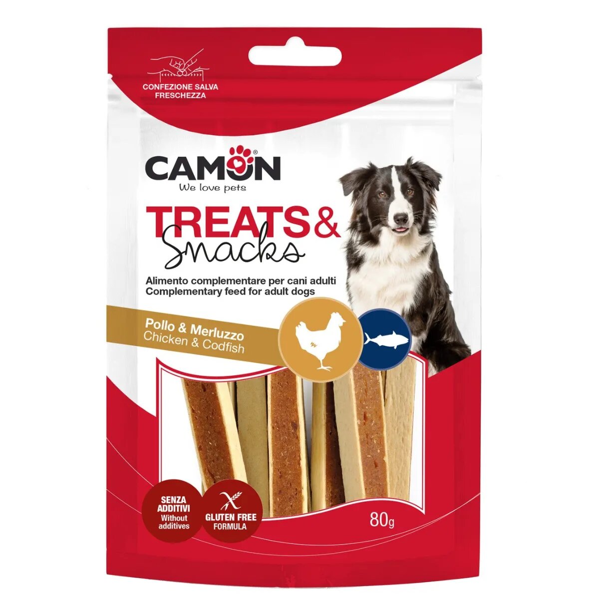 Camon Sandwiches XS-XL Pui și Cod punguță recompense câini 80g