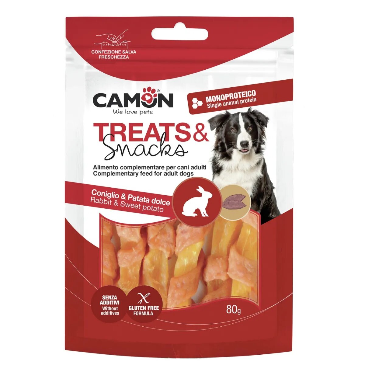 Camon Strips XS-XL Iepure și Cartof Dulce punguță recompense câini 80g