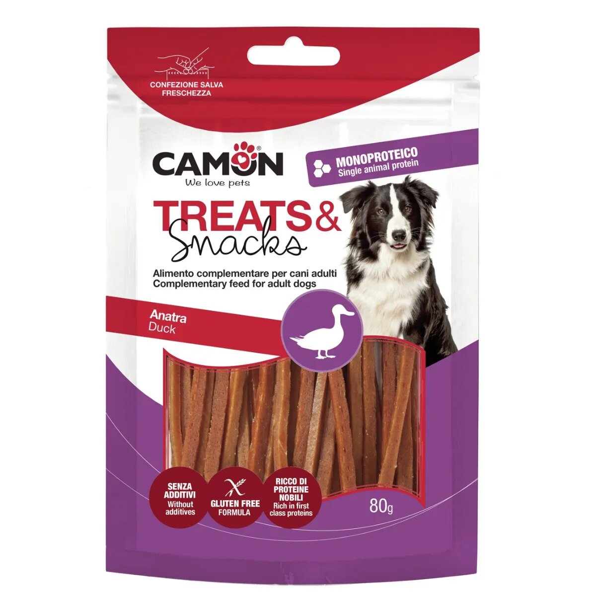 Camon Strips XS-XL Rață punguță recompense câini 80g