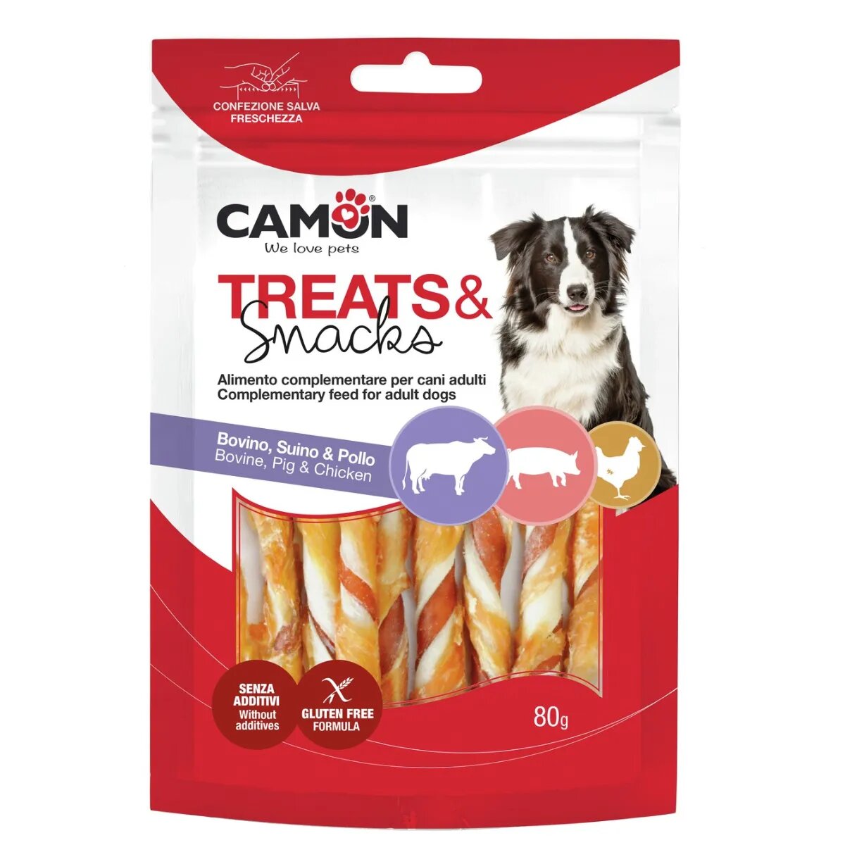 Camon Two-color hide rolls XS-XL Vită și Porc punguță recompense câini 80g