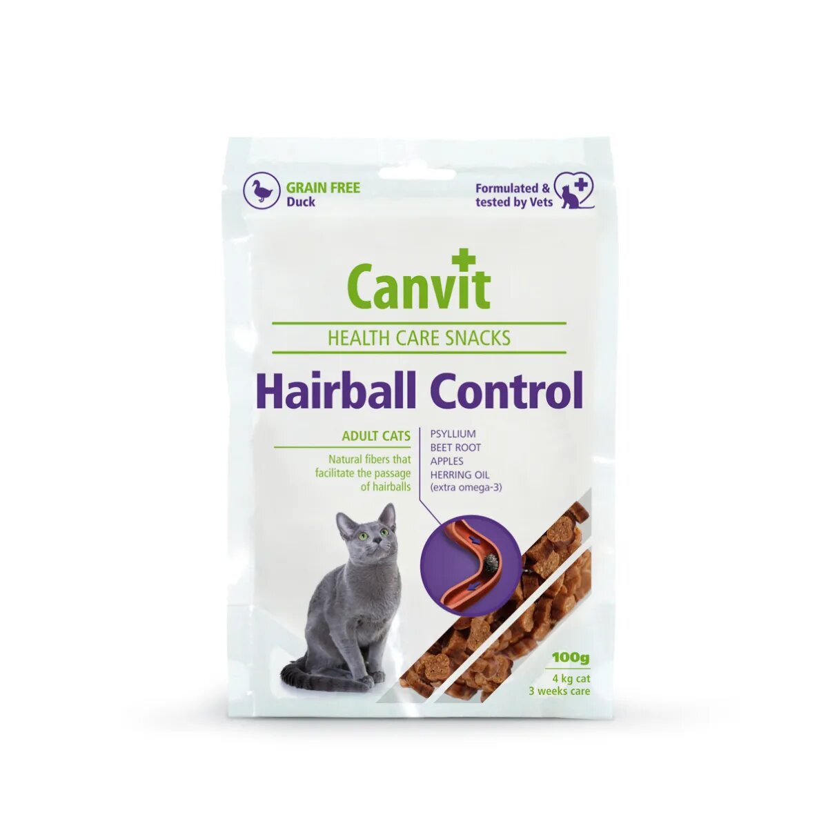 Canvit Snack Hairball S-XL Rață punguță recompense funcționale pisici limitarea ghemurilor de blană 100g