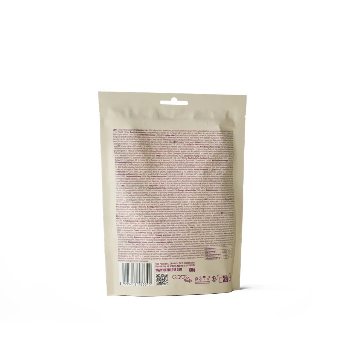 Carnilove Freeze Dried XS-XL Curcan și Somon punguță recompense fără cereale câini 60g