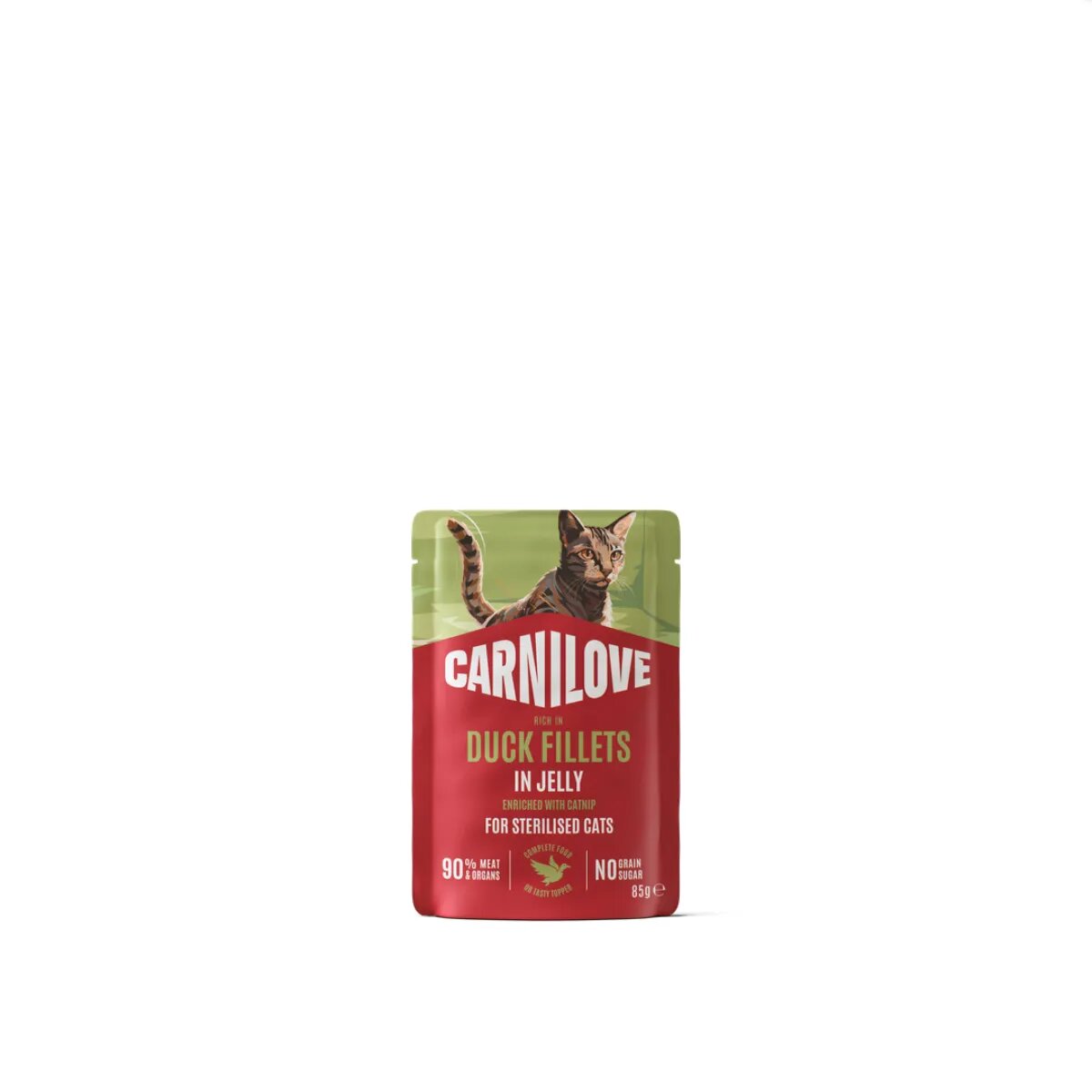 Carnilove Sterilised Rață și Catnip plic hrană umedă fără cereale pisici sterilizate (în aspic) 85g