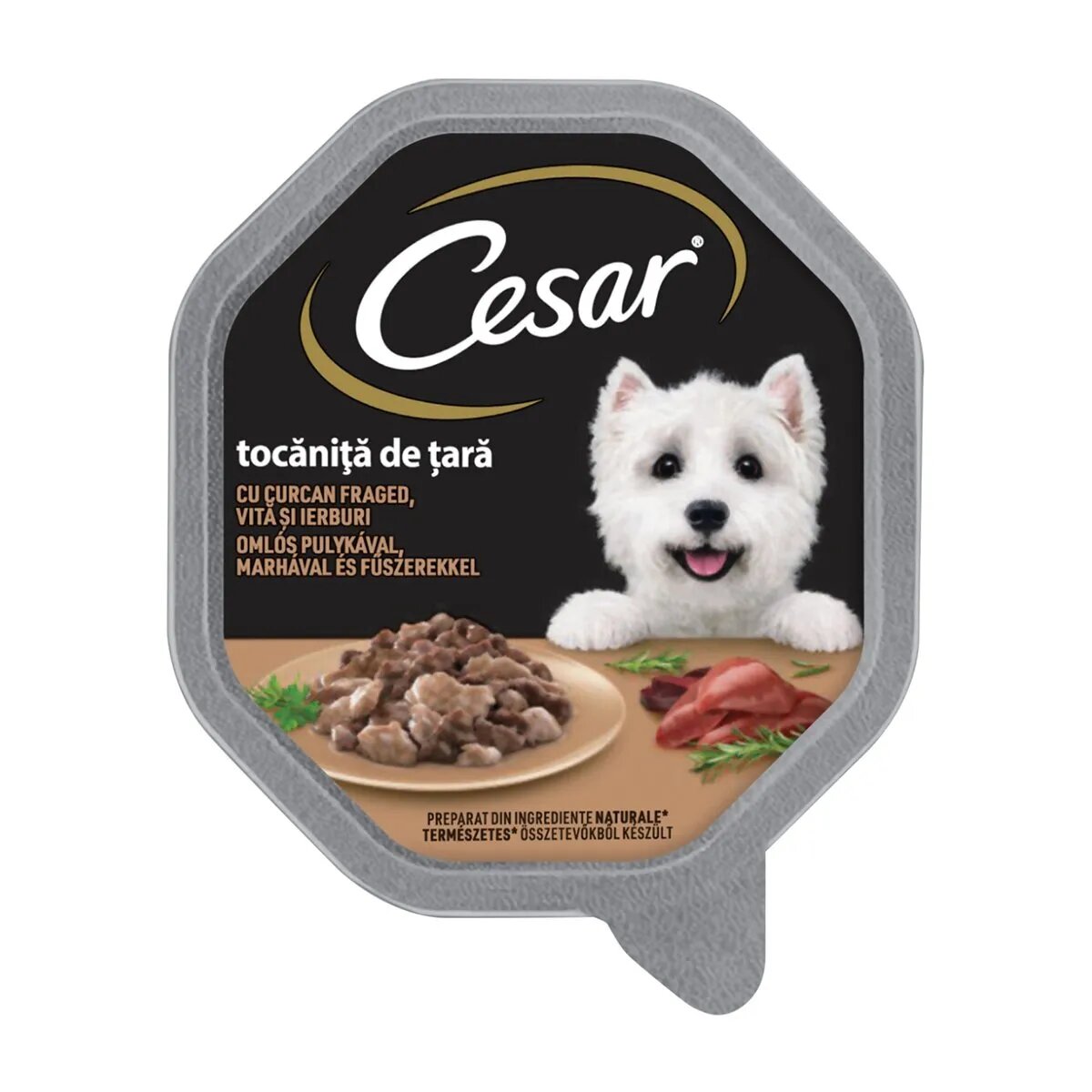 CESAR Tocăniță de țară Curcan Vită și Ierburi taviță hrană umedă câini (în suc propriu) 150g