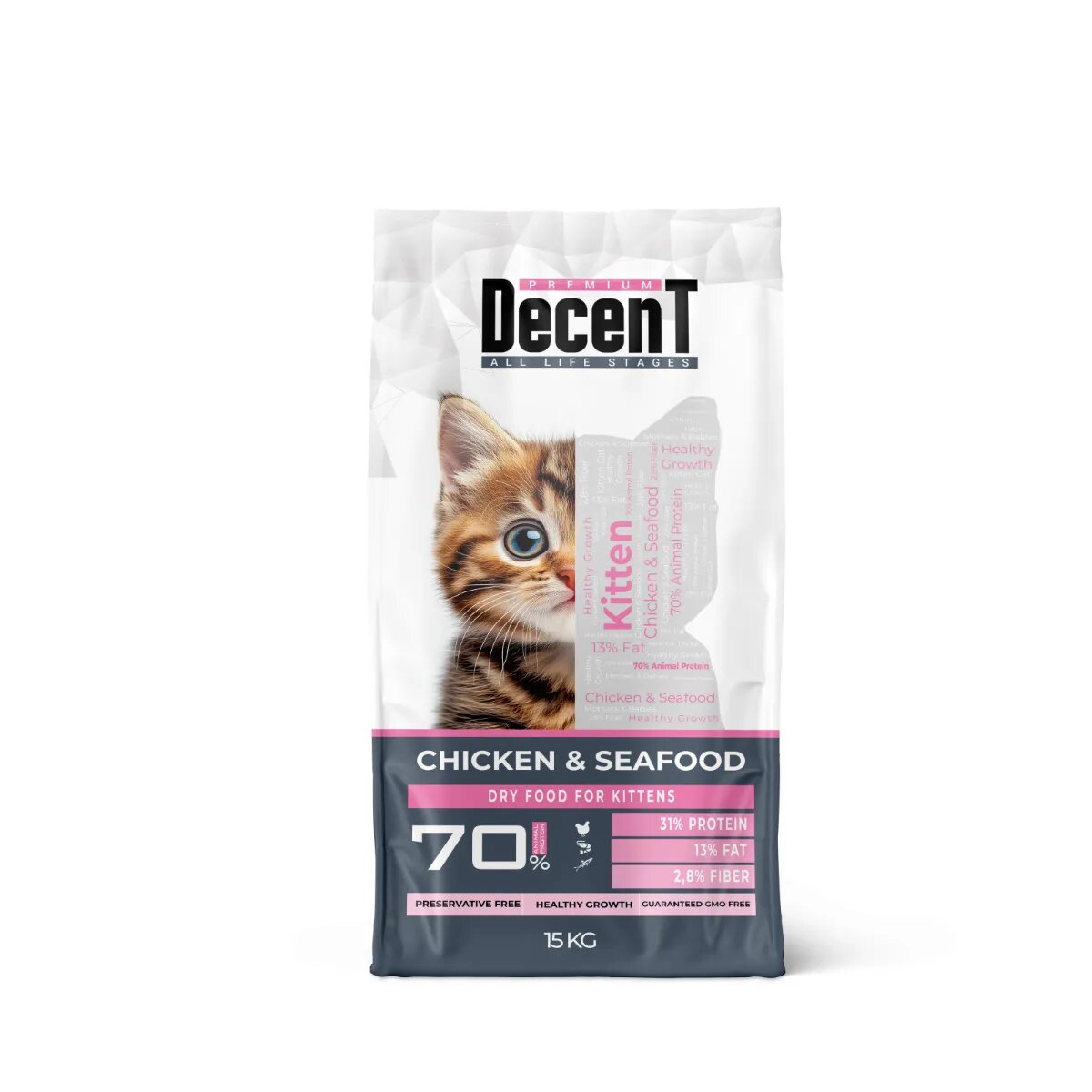 DECENT Kitten Healthy Growth Pui și Fructe de Mare hrană uscată pisici junior 15kg