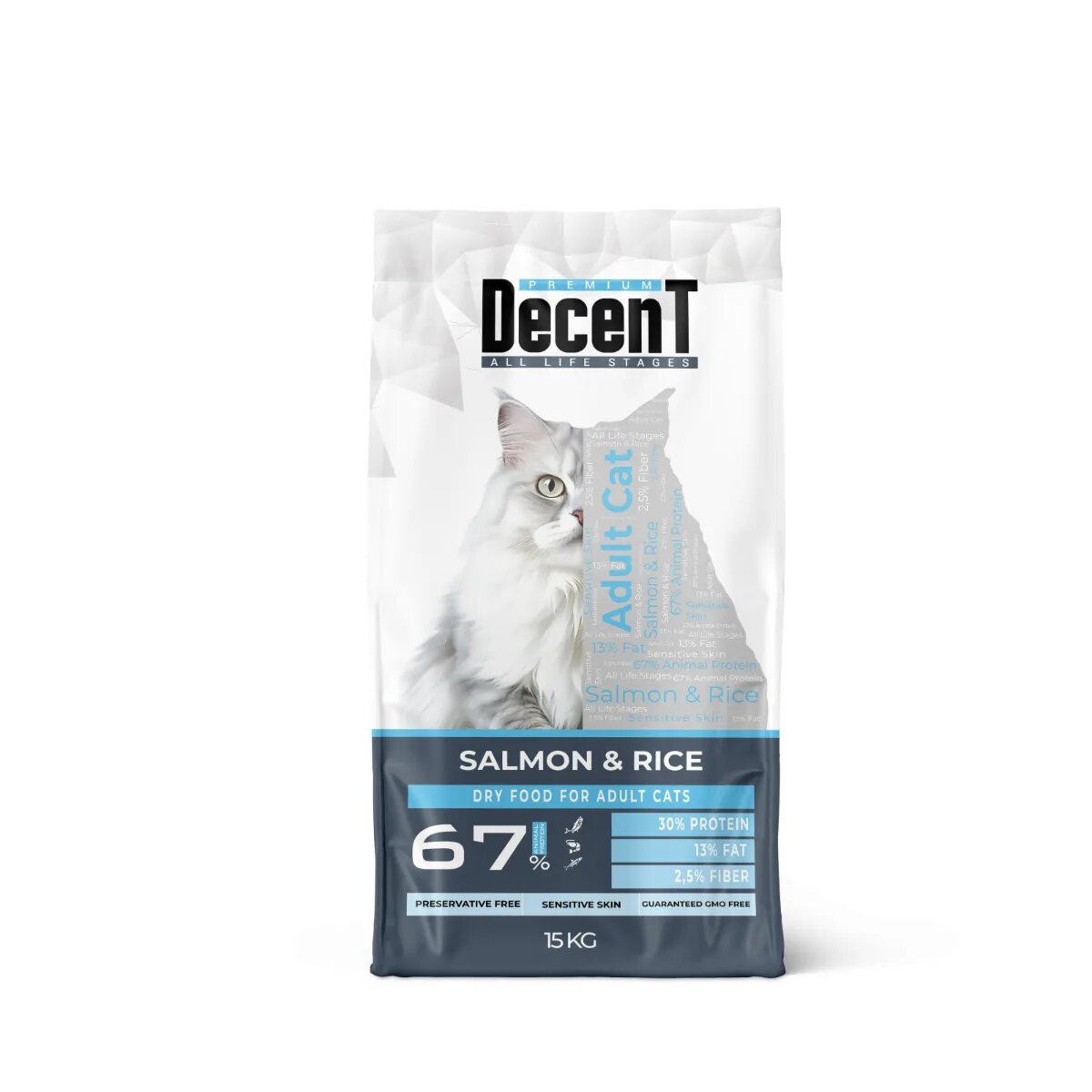 DECENT Sensitive Skin Somon și Orez hrană uscată pisici piele & blană 15kg