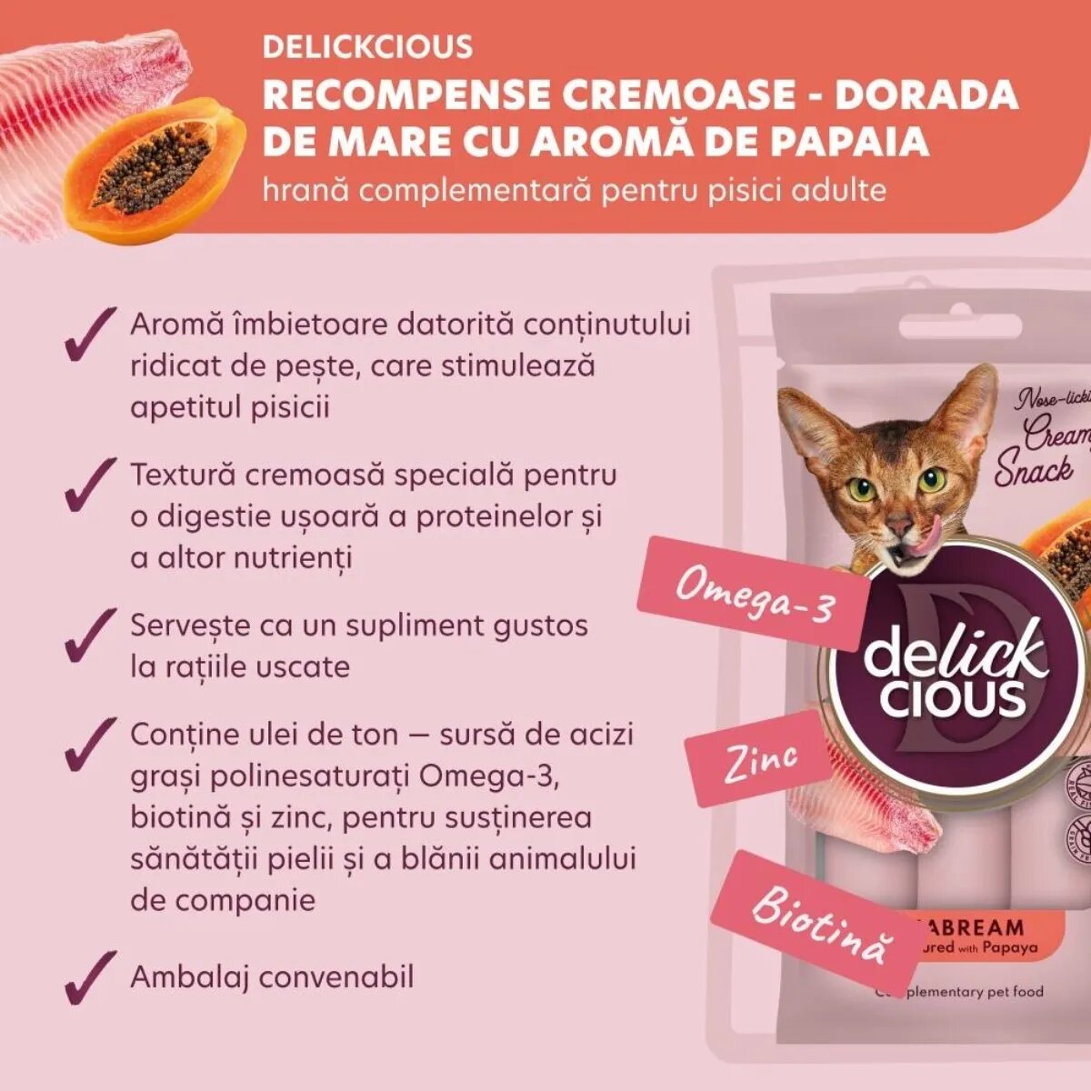 DELICKCIOUS Creamy Snack Doradă și Papaya plic recompense pisici 60g