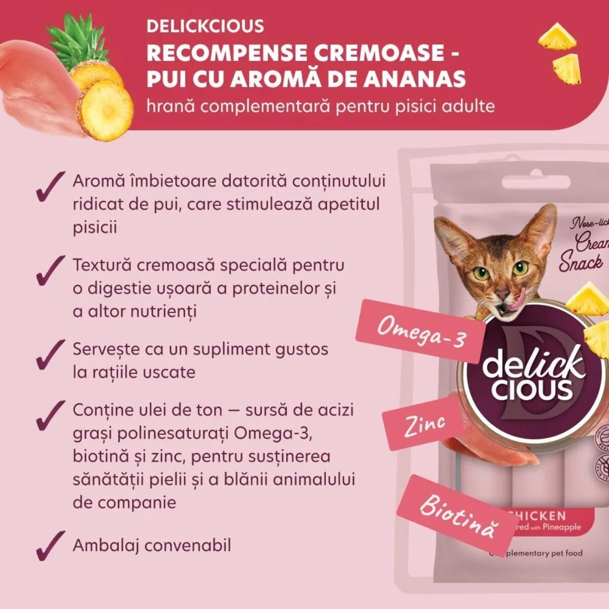 DELICKCIOUS Creamy Snack Pui și Ananas plic recompense pisici 60g