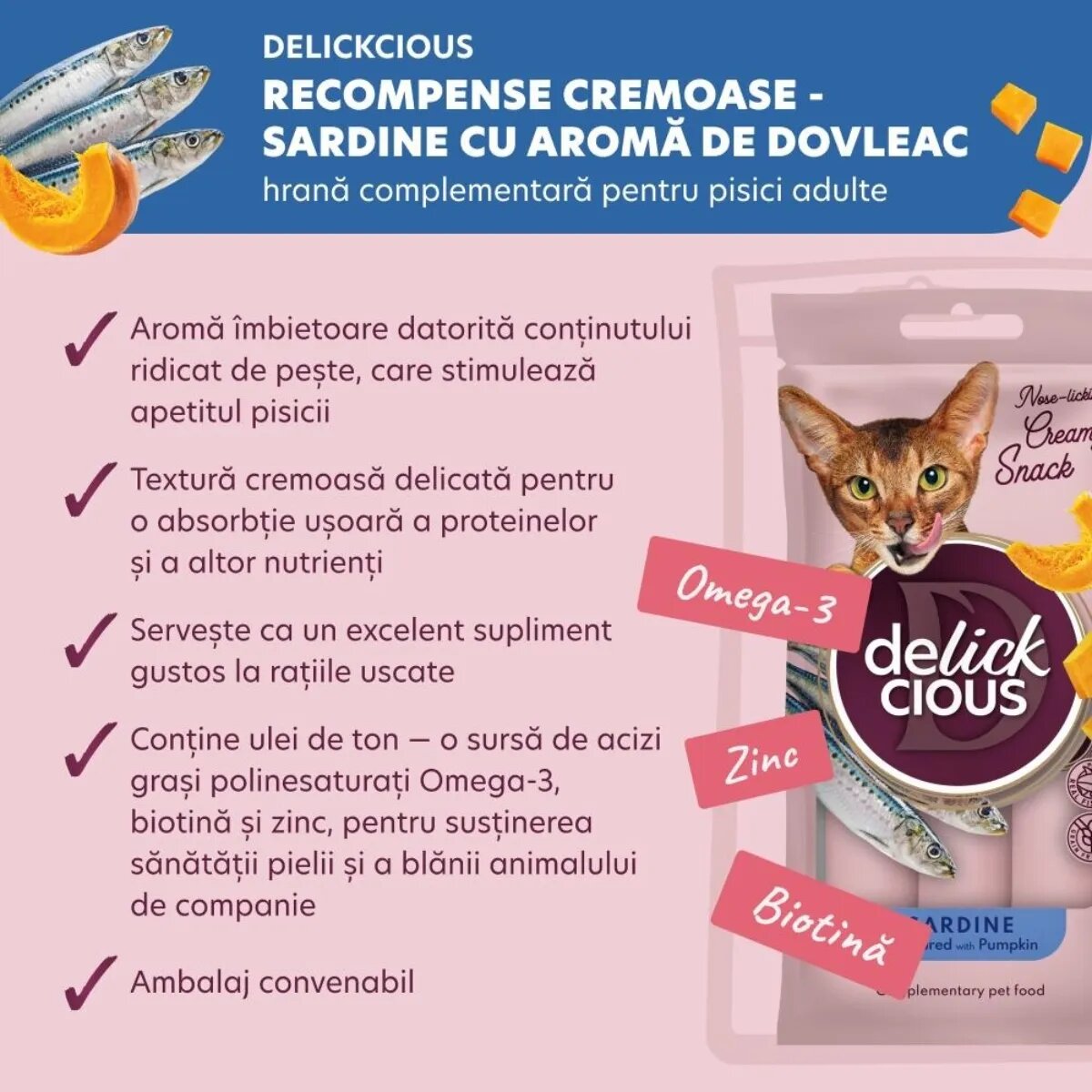 DELICKCIOUS Creamy Snack Sardine și dovleac plic recompense pisici 60g