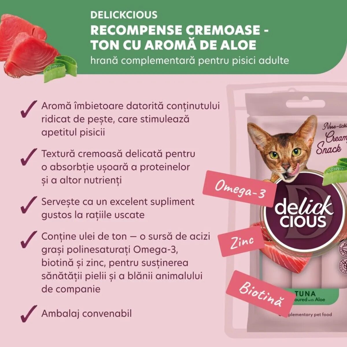 DELICKCIOUS Creamy Snack Ton și Aloe Vera plic recompense pisici 60g