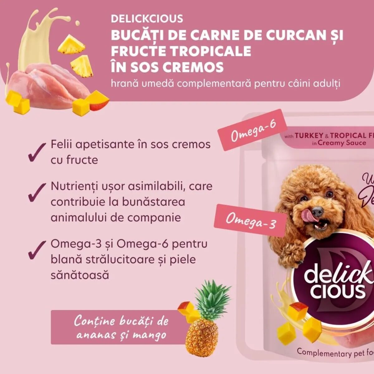 DELICKCIOUS Dessert XS-S Curcan și Fructe Tropicale plic hrană umedă câini (în sos) bax 80g x 12buc