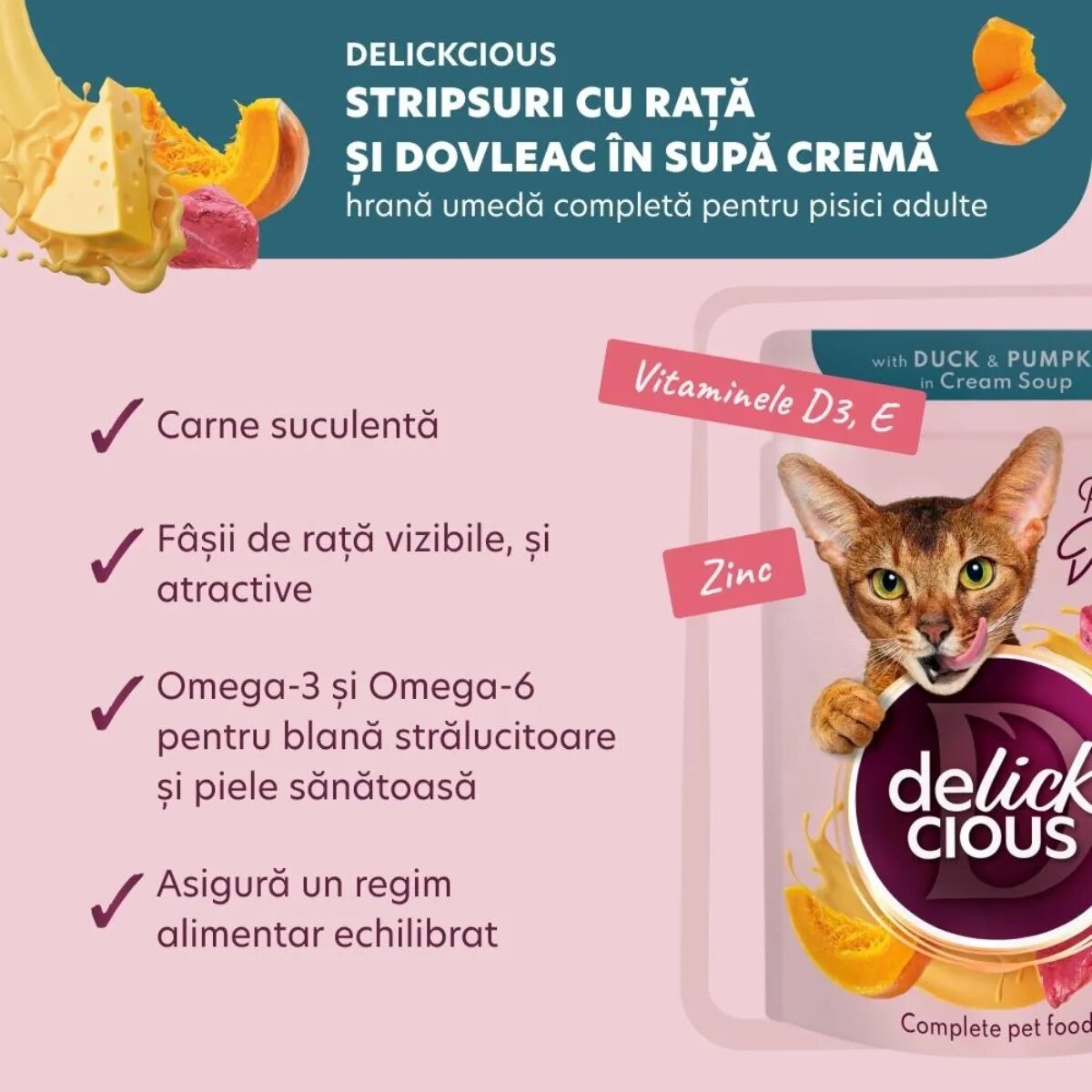 DELICKCIOUS Dinner Rață și dovleac plic hrană umedă pisici (în supă) bax 85g x 12buc
